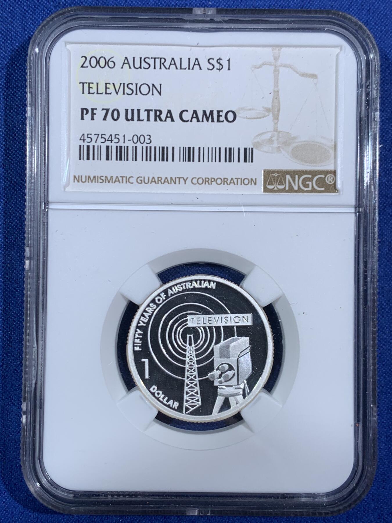 《竞宝斋》第468场 周日，周一 2场连拍 （全场包邮）欢迎送拍 NGC PF70UC 2006年澳大利亚电视50周年纪念1美元精制银币 999银 11.66克 带盒
