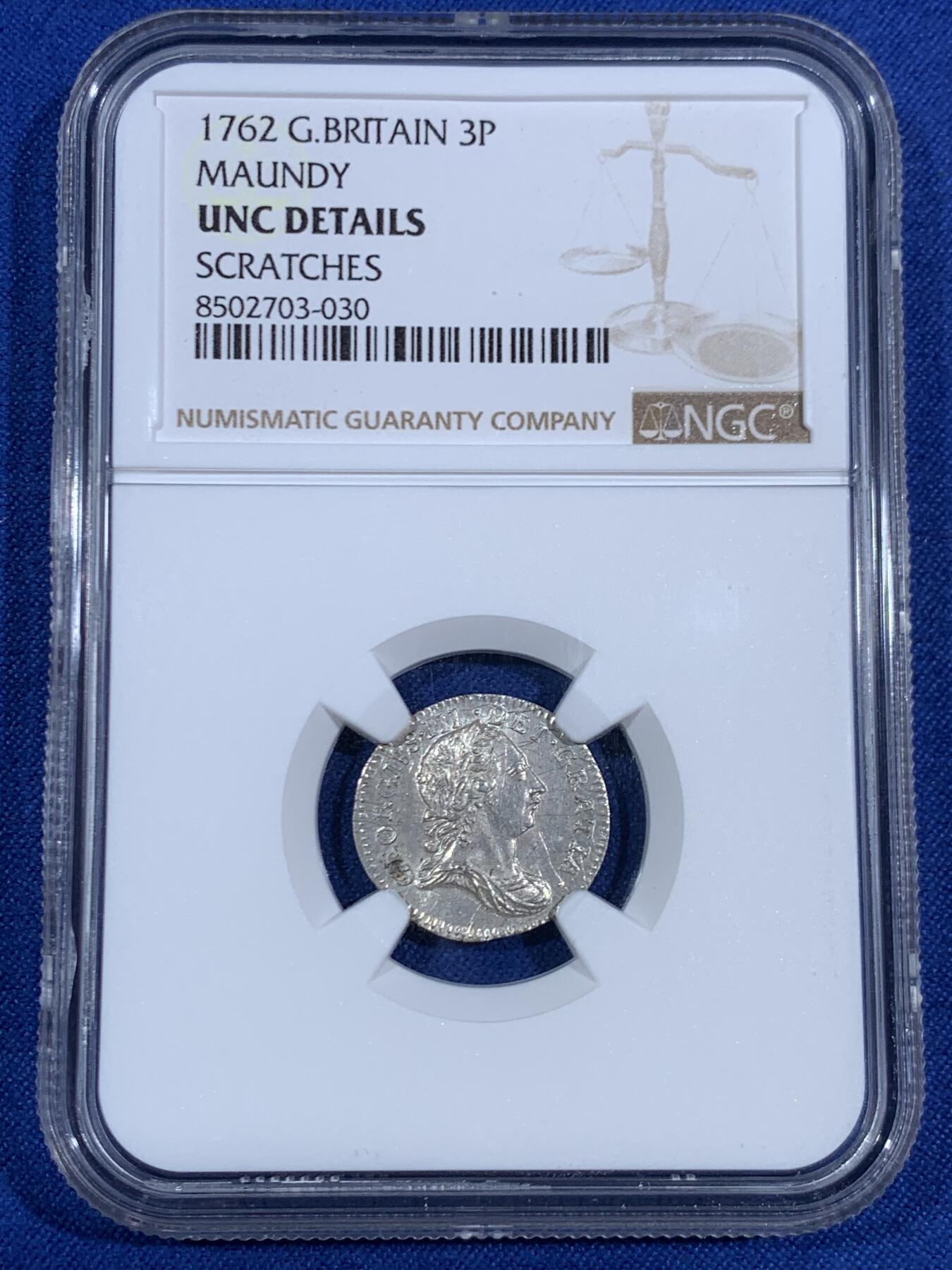 《竞宝斋》第468场 周日，周一 2场连拍 （全场包邮）欢迎送拍 NGC UNCD 英国1762年乔治三世3便士濯足币