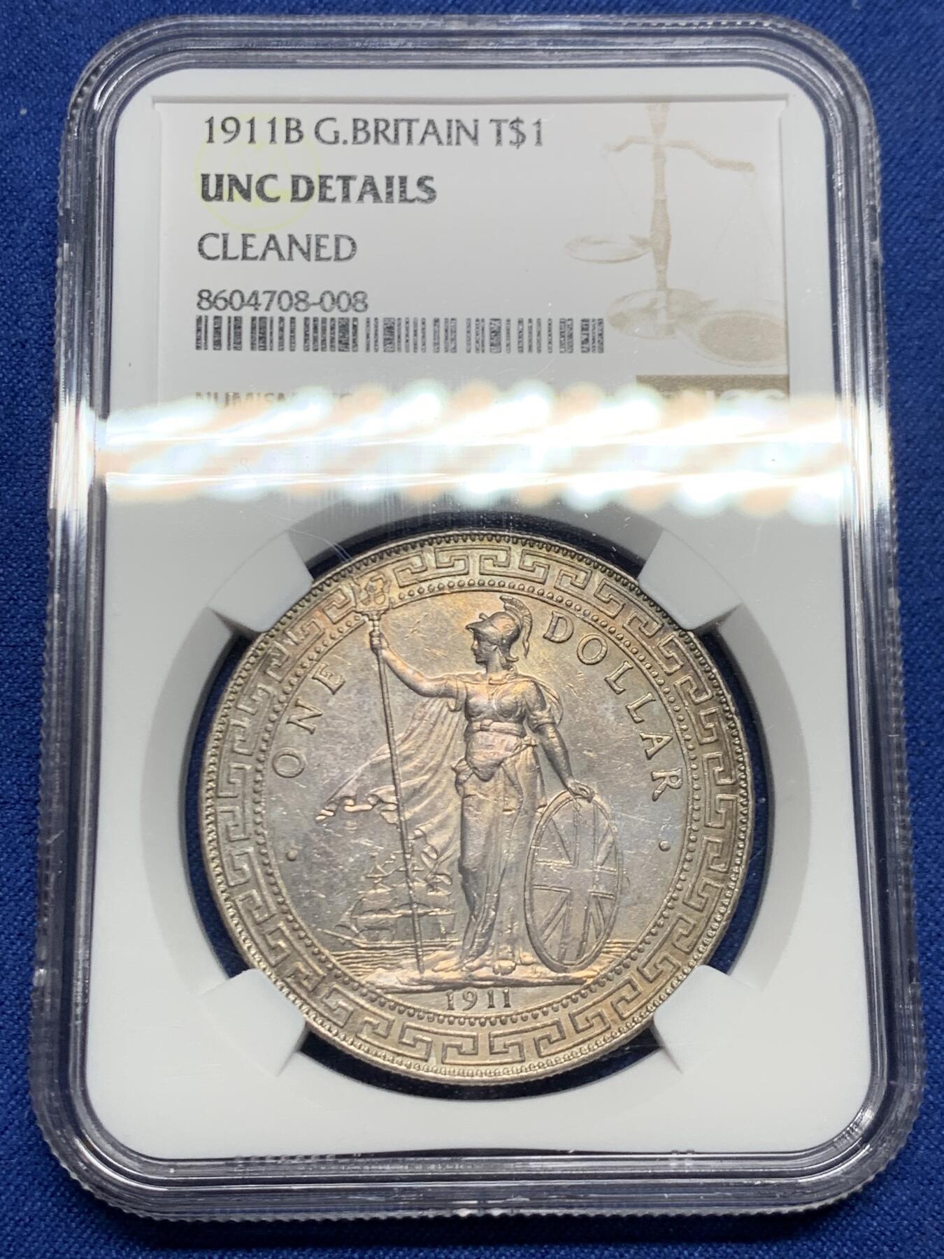 《竞宝斋》第468场 周日，周一 2场连拍 （全场包邮）欢迎送拍 NGC UNC 英国贸易银 1911年B版 站洋银币