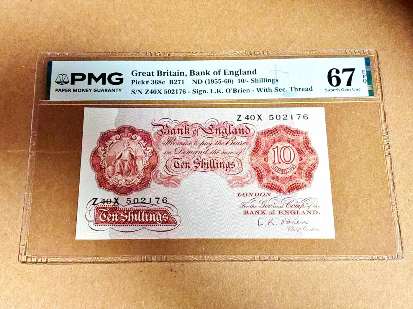 【Blue Auction】世界纸币精拍第792期——18级TOP拍卖/信誉/品质/专业/高效💫 【p368c】英国 1955-60年10先令 PMG67EPQ 