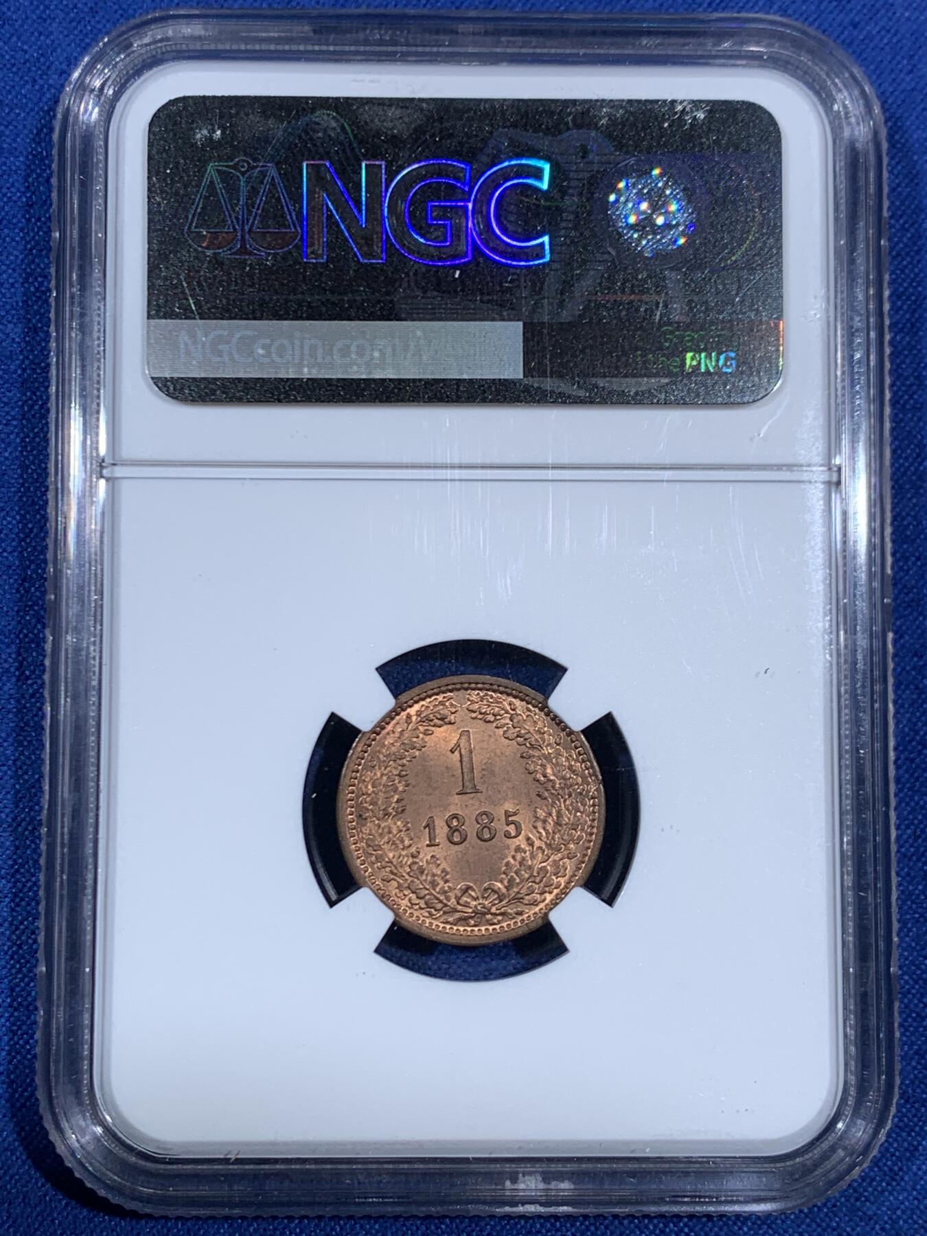 《竞宝斋》第468场 周日，周一 2场连拍 （全场包邮）欢迎送拍 NGC MS63RB 奥地利1885年1克鲁泽铜币