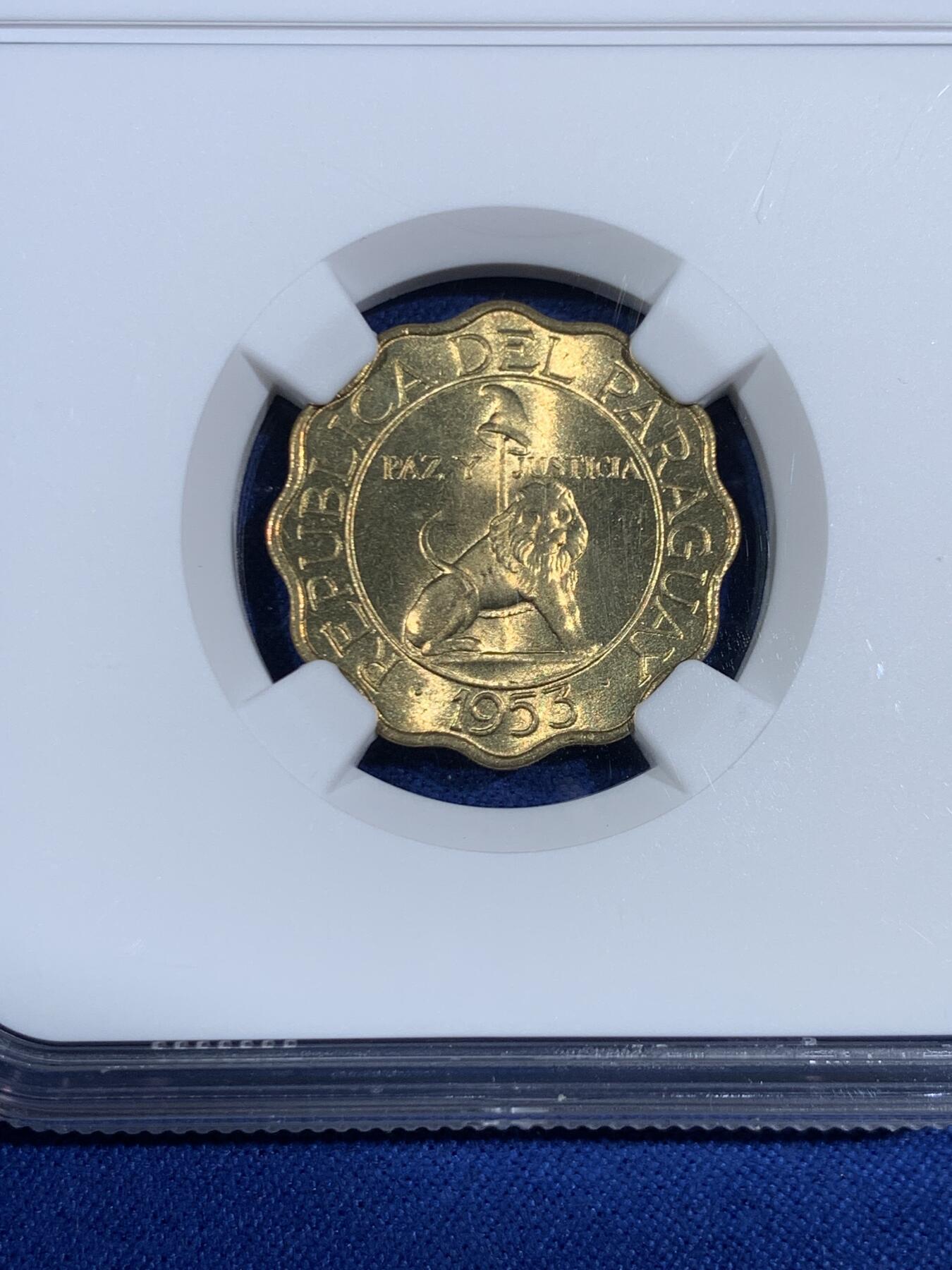 《竞宝斋》第468场 周日，周一 2场连拍 （全场包邮）欢迎送拍 NGC MS64 巴拉圭1953年25分 少见品种