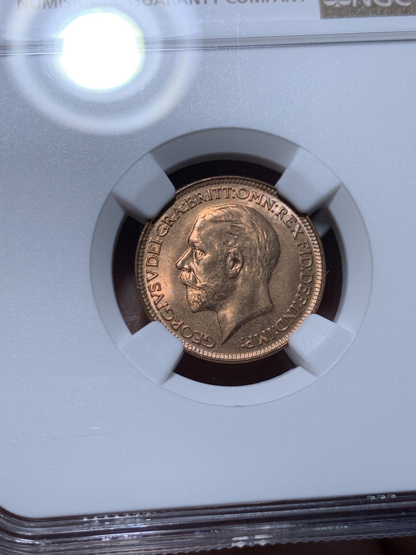 《竞宝斋》第468场 周日，周一 2场连拍 （全场包邮）欢迎送拍 NGC MS65RB 英国1926年乔治五世国王1法新，1/4便士铜币。第三版头像 相较前两版对于细节的营造更为清晰，整体更加工整。高分难得，但是实际状态严评送pc大概率给red的品相，分数或可更高。