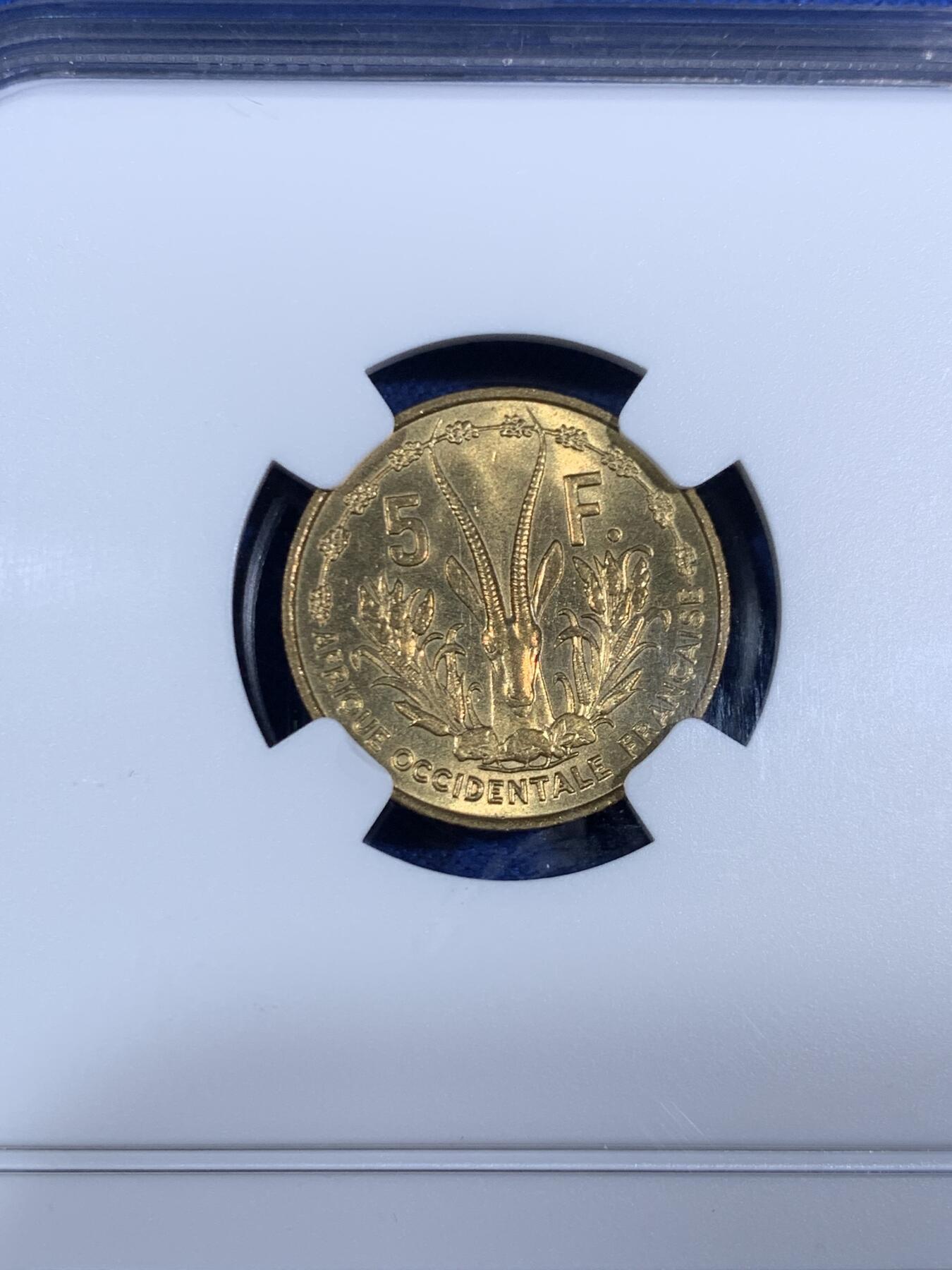 《竞宝斋》第468场 周日，周一 2场连拍 （全场包邮）欢迎送拍 NGC MS64 法属西非1965年5法郎铜币 正面女头好看！