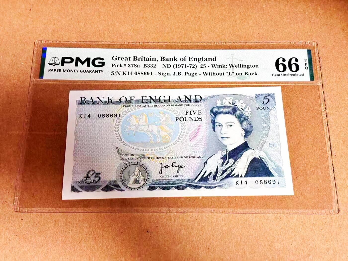 【Blue Auction】世界纸币精拍第792期——18级TOP拍卖/信誉/品质/专业/高效💫 【p378a 无L初版】英国 1971-72年5镑 PMG66EPQ 