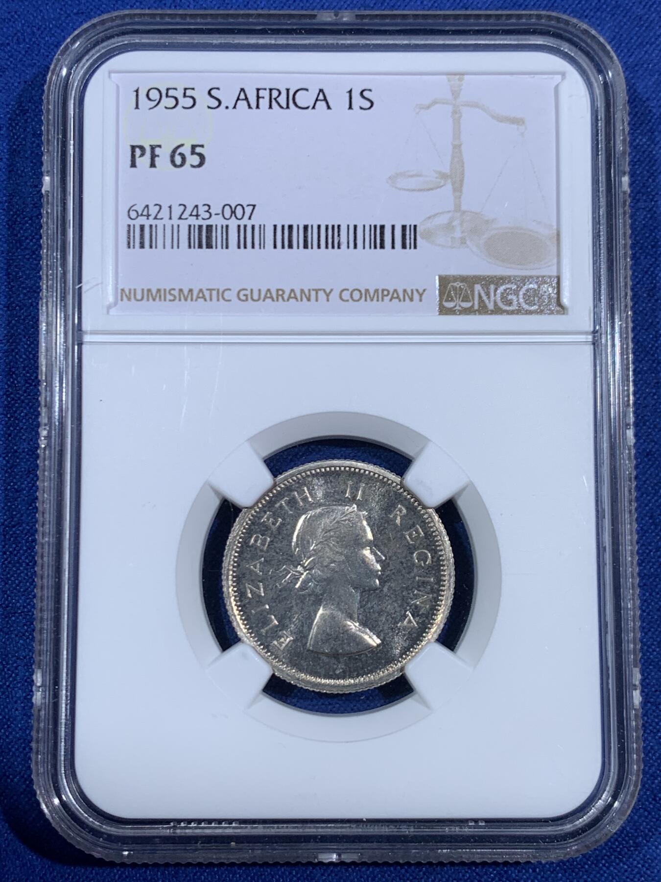 《竞宝斋》第468场 周日，周一 2场连拍 （全场包邮）欢迎送拍 NGC PF65 南非1955年1先令精制银币