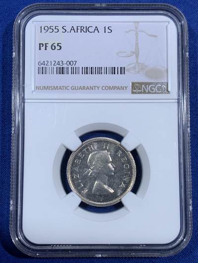 《竞宝斋》第468场 周日，周一 2场连拍 （全场包邮）欢迎送拍 - NGC PF65 南非1955年1先令精制银币