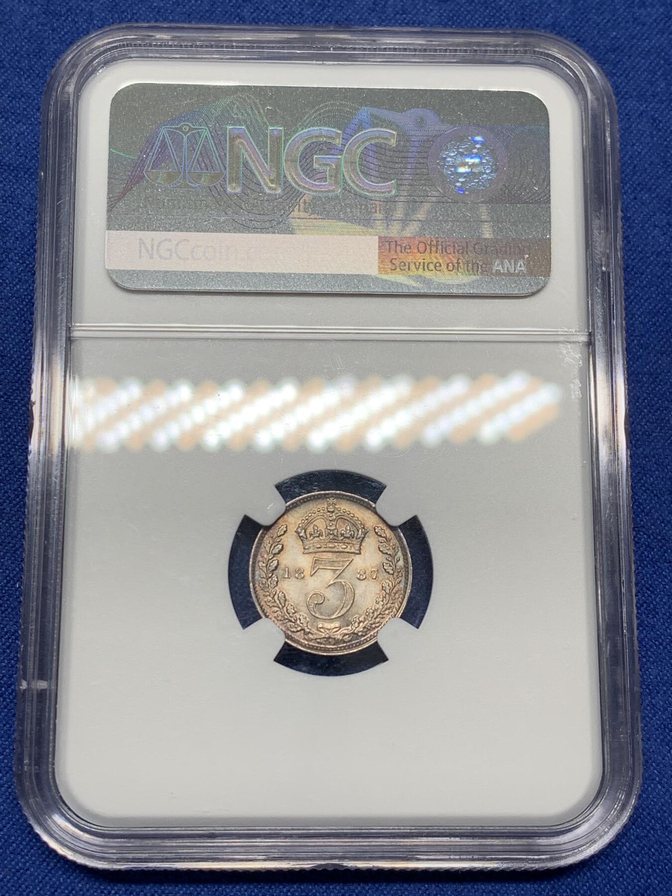 《竞宝斋》第468场 周日，周一 2场连拍 （全场包邮）欢迎送拍 NGC UNCD 英国1887年高冠3便士银币，仅为正面清洗，整体品相细节不错