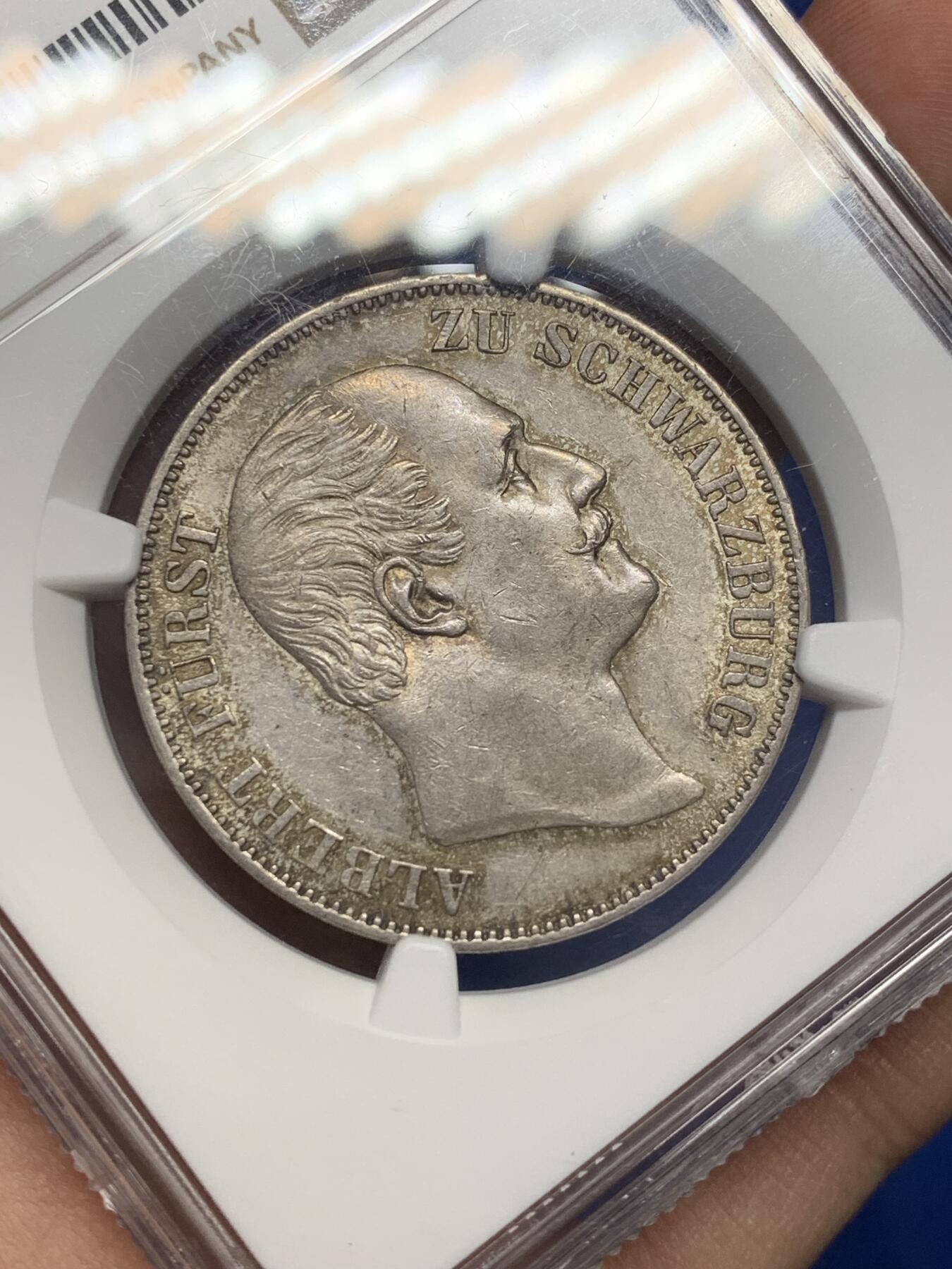 《竞宝斋》第468场 周日，周一 2场连拍 （全场包邮）欢迎送拍 NGC AU58 德国 1867年 施瓦茨堡-鲁多尔施塔特亲王国1泰勒银币 发行量仅13000枚 淡灰包浆 背面标准ms略低评