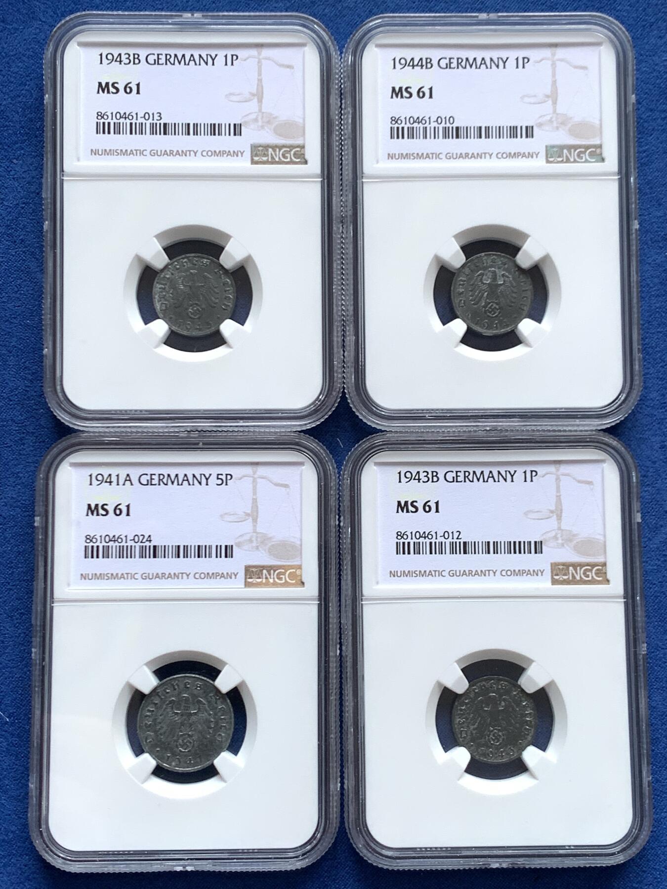 《竞宝斋》第468场 周日，周一 2场连拍 （全场包邮）欢迎送拍 四枚一组 NGC MS61 德国带风车锡币，其中三枚1芬尼，一枚5芬尼，锡币难以保存，这批状态还不错