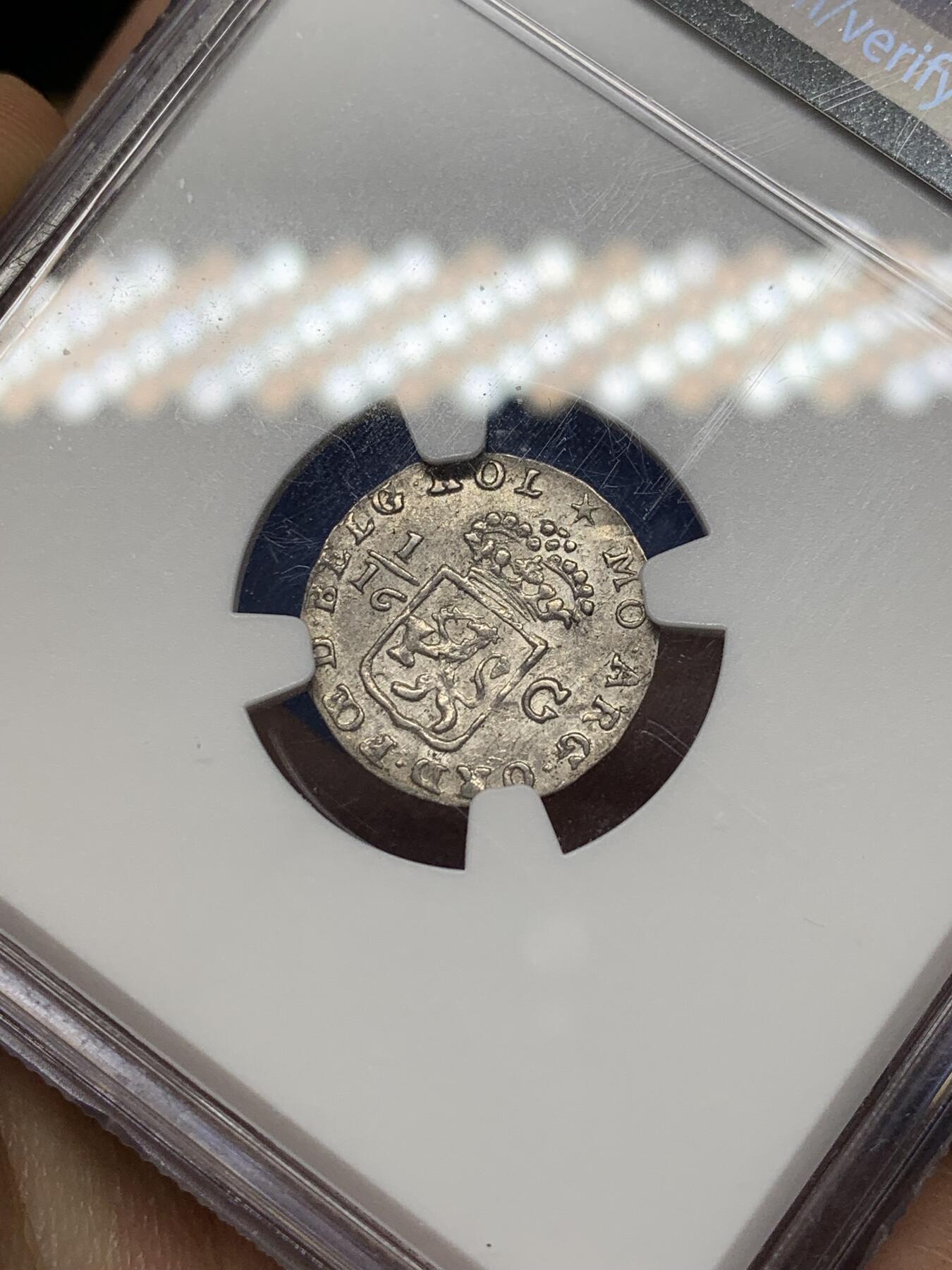 《竞宝斋》第468场 周日，周一 2场连拍 （全场包邮）欢迎送拍 NGC UNC 荷属东印度群岛 1802年 巴达维亚共和国 1/16古尔登银币 稀少品种 原味包浆 光度不错 疑似错杀