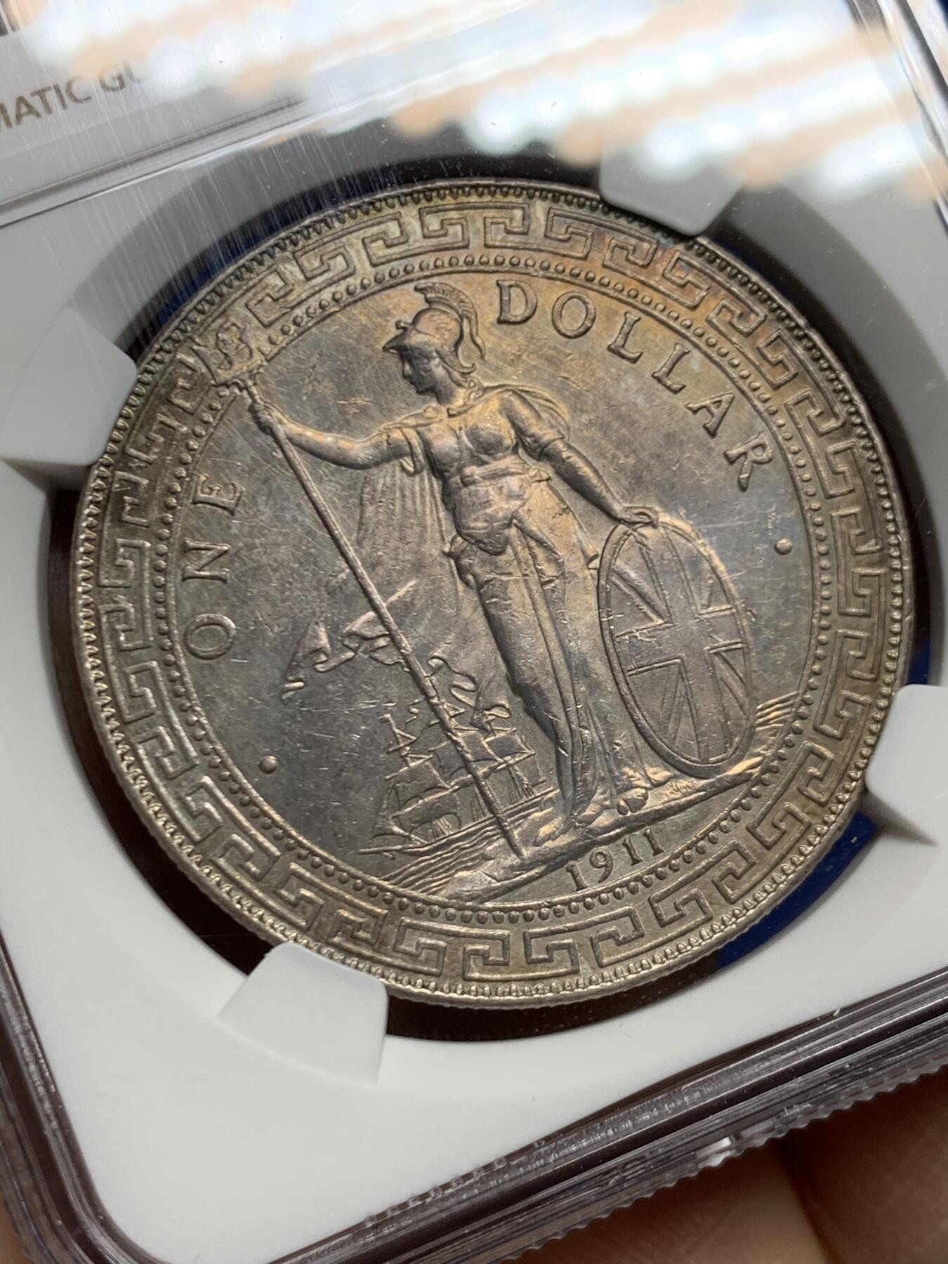 《竞宝斋》第468场 周日，周一 2场连拍 （全场包邮）欢迎送拍 NGC UNC 英国贸易银 1911年B版 站洋银币