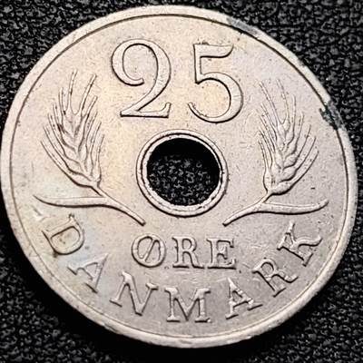 泉币菌-第205场-拍品多 请提前出价 - 丹麦1967年 25欧尔镍币 中孔硬币23mm 