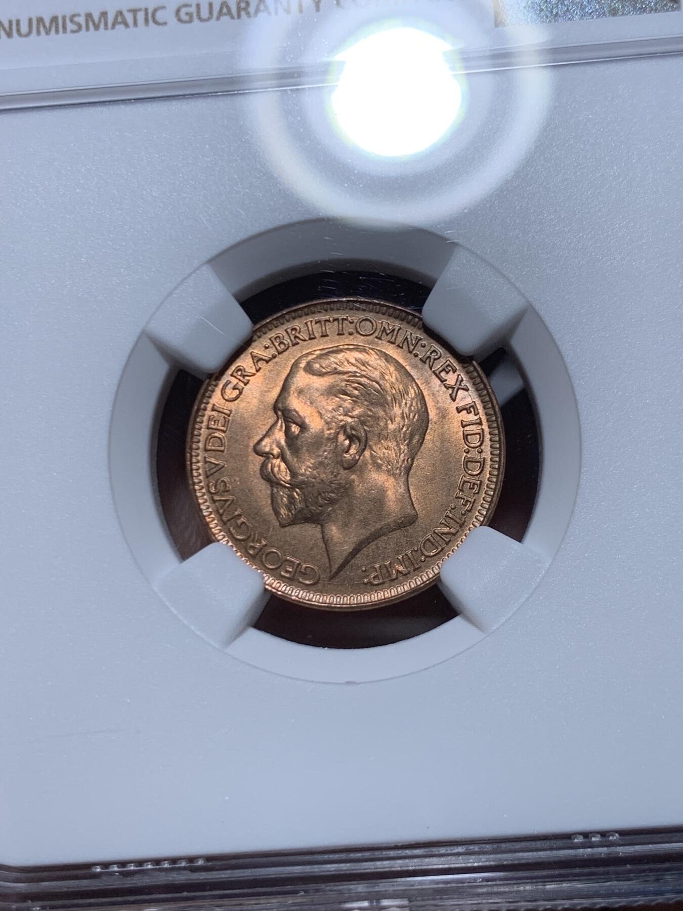 《竞宝斋》第468场 周日，周一 2场连拍 （全场包邮）欢迎送拍 NGC MS65RB 英国1926年乔治五世国王1法新，1/4便士铜币。第三版头像 相较前两版对于细节的营造更为清晰，整体更加工整。高分难得，但是实际状态严评送pc大概率给red的品相，分数或可更高。