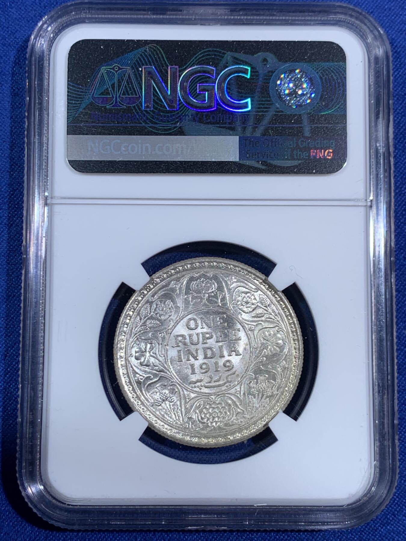 《竞宝斋》第468场 周日，周一 2场连拍 （全场包邮）欢迎送拍 NGC MS62 英属印度 1919年 乔治五世 1卢比 银币