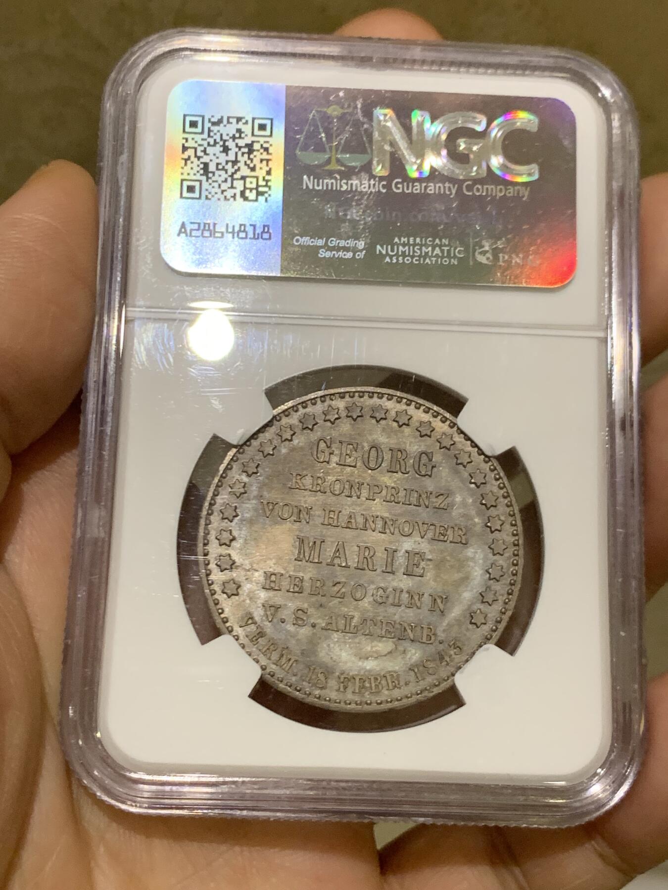 《竞宝斋》第468场 周日，周一 2场连拍 （全场包邮）欢迎送拍 亚军分 NGC MS64 德国 1843 汉诺威王家婚礼纪念泰勒 发行量仅1010枚 可遇不可求的品种 更高分仅一枚