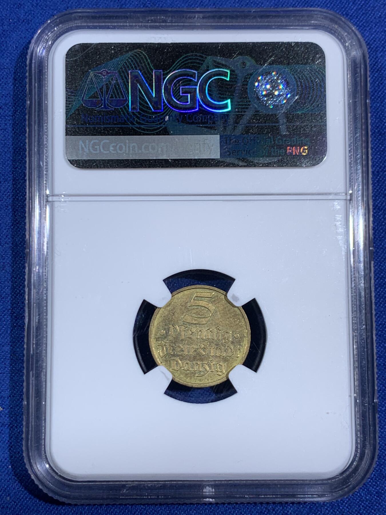 《竞宝斋》第468场 周日，周一 2场连拍 （全场包邮）欢迎送拍 NGC MS63 但泽自由市1932年比目鱼5芬尼