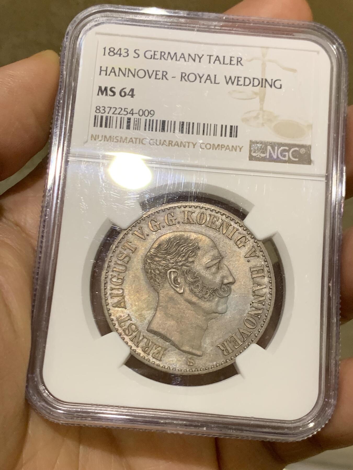 《竞宝斋》第468场 周日，周一 2场连拍 （全场包邮）欢迎送拍 亚军分 NGC MS64 德国 1843 汉诺威王家婚礼纪念泰勒 发行量仅1010枚 可遇不可求的品种 更高分仅一枚