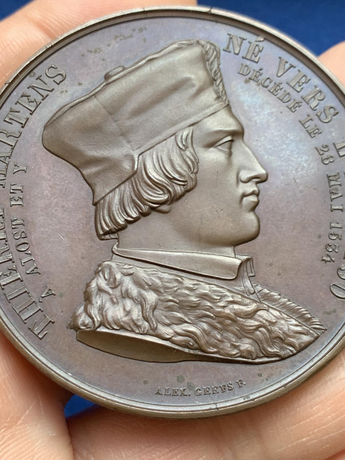 《竞宝斋》第468场 周日，周一 2场连拍 （全场包邮）欢迎送拍 比利时洼地国家印刷之父-蒂艾里.马滕斯纪念铜章 54mm 56.35g