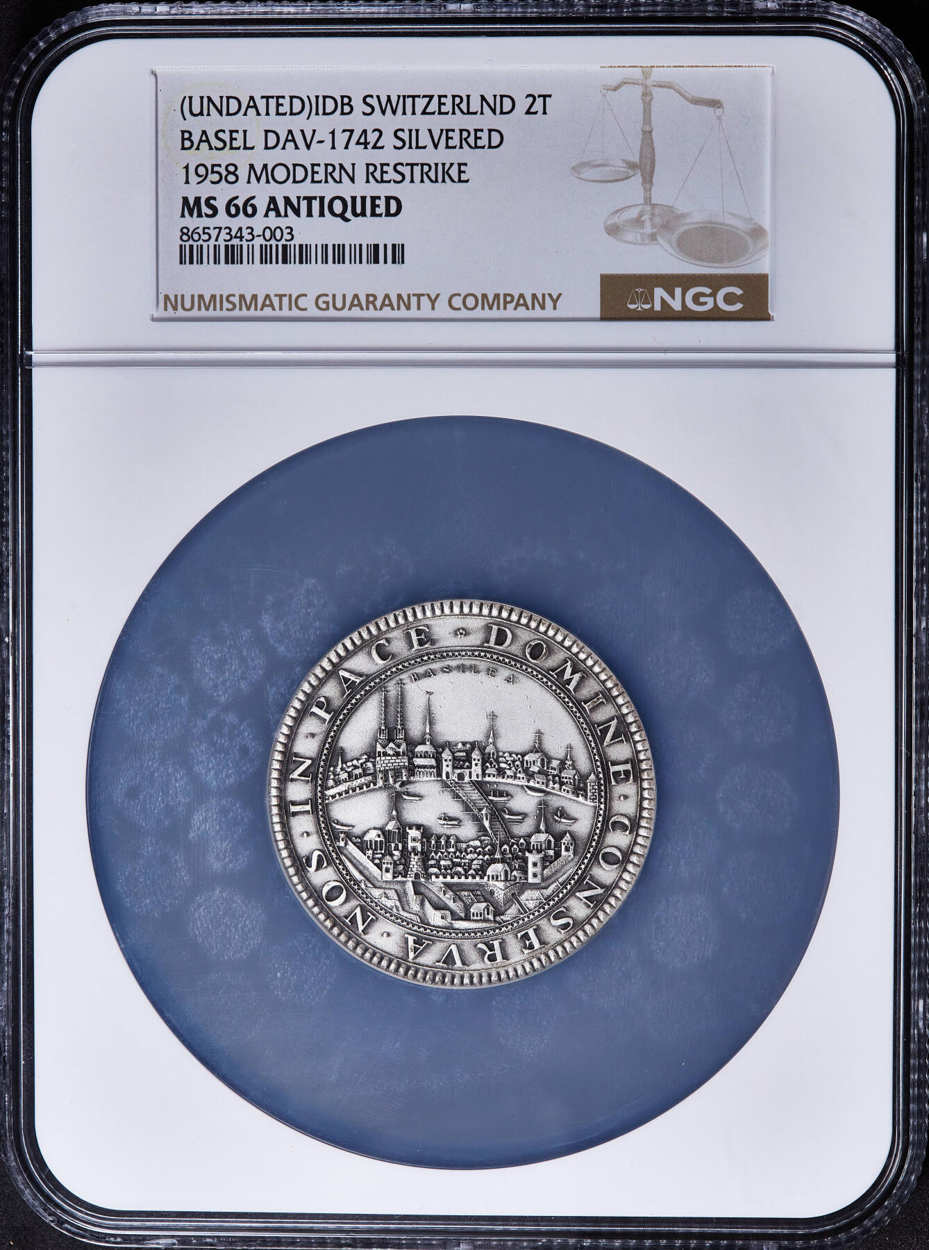 【俄甄集藏】2026年(049)03-18星期三 晚 19:30 全场包邮 瑞士1958年后铸版18世纪名誉品种巴塞尔城市景观2泰勒，NGC MS66，镀银版，磨砂复古，顶级状态，直径：50mm