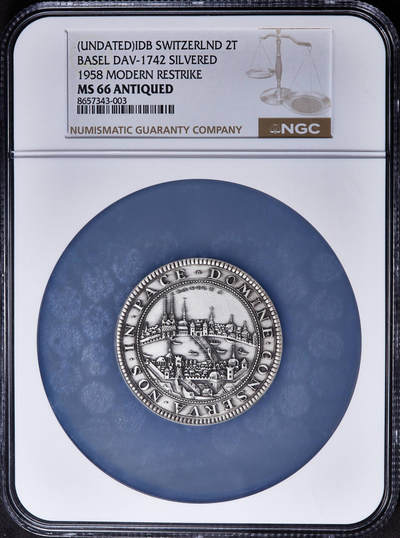 【俄甄集藏】2026年(049)03-18星期三 晚 19:30 全场包邮 - 瑞士1958年后铸版18世纪名誉品种巴塞尔城市景观2泰勒，NGC MS66，镀银版，磨砂复古，顶级状态，直径：50mm