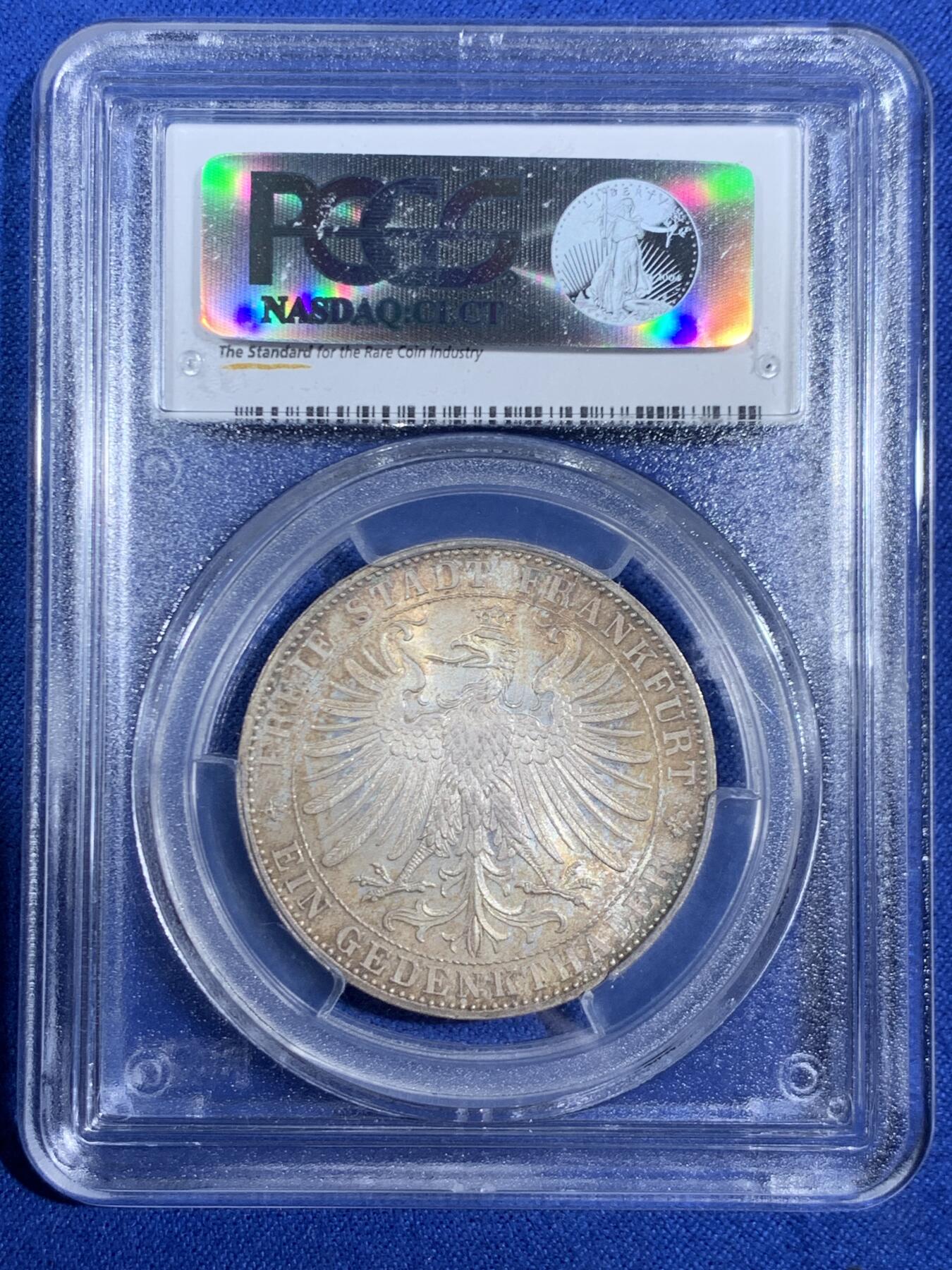 《竞宝斋》第468场 周日，周一 2场连拍 （全场包邮）欢迎送拍 PCGS MS66 德国 德意志 1泰勒 Frankfurt法兰克福 Thun.147 KM#0372 1863年 王子泰勒 欧洲五彩包浆 顶级品相