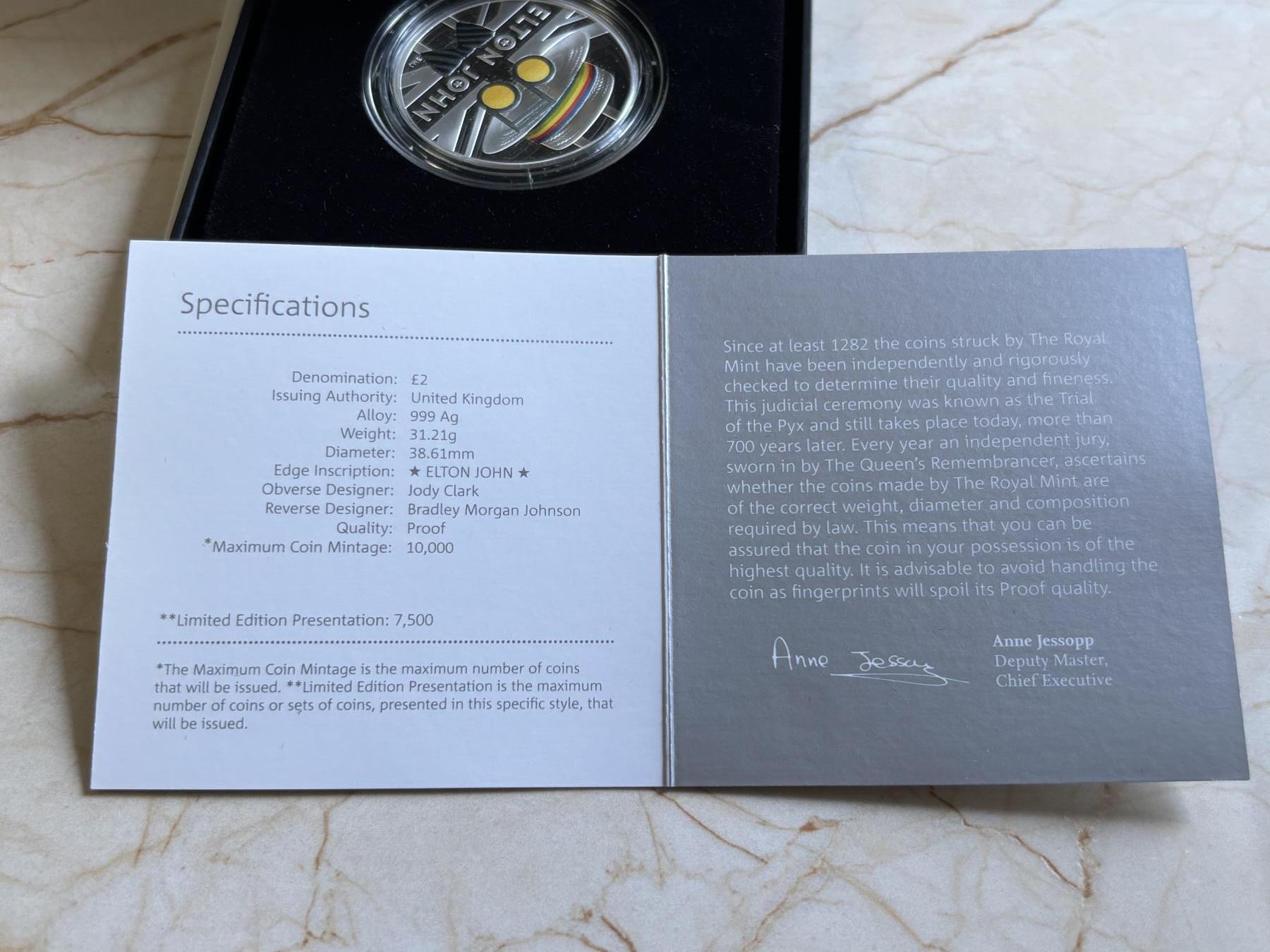 第193期拍卖 英国2020年音乐乐队传奇系列2艾尔顿·约翰彩银币，999银，1盎司，发行7500枚，有氧化点