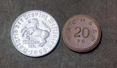 北京马甸外国币专卖第148期，非贵金属外国流通币，纪念币币，中国早期纪念币专场，陆续上拍，欢迎关注 - 德国紧急币威斯特法伦1923年1/4马克铝币及德国战时紧急状态币，萨克森1921年20芬尼陶瓷币，