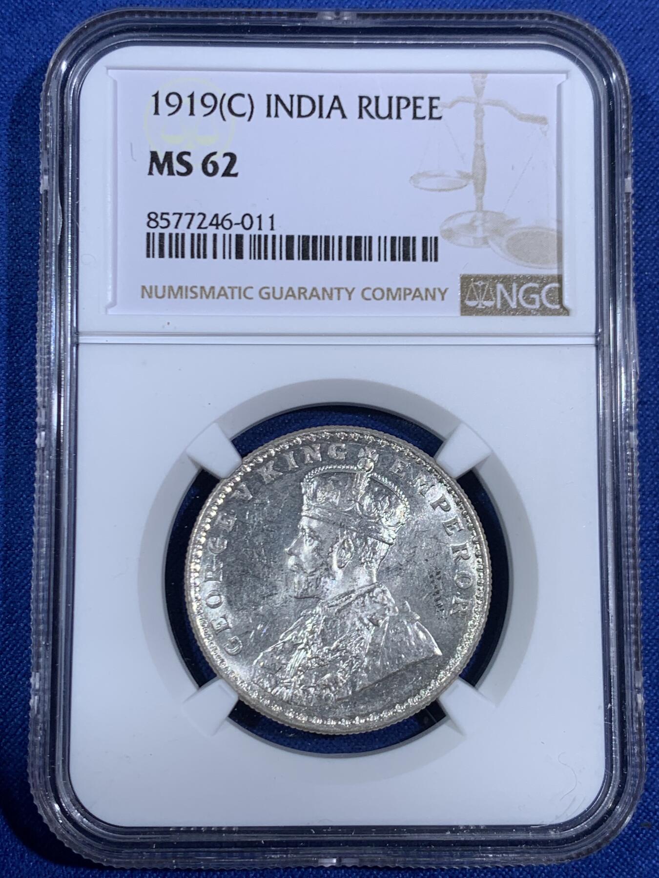 《竞宝斋》第468场 周日，周一 2场连拍 （全场包邮）欢迎送拍 NGC MS62 英属印度 1919年 乔治五世 1卢比 银币