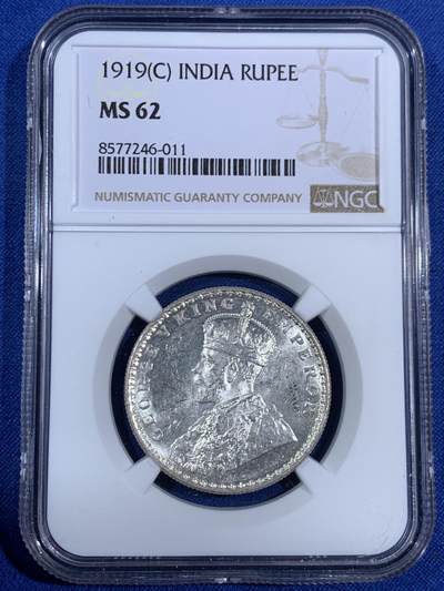 《竞宝斋》第468场 周日，周一 2场连拍 （全场包邮）欢迎送拍 - NGC MS62 英属印度 1919年 乔治五世 1卢比 银币