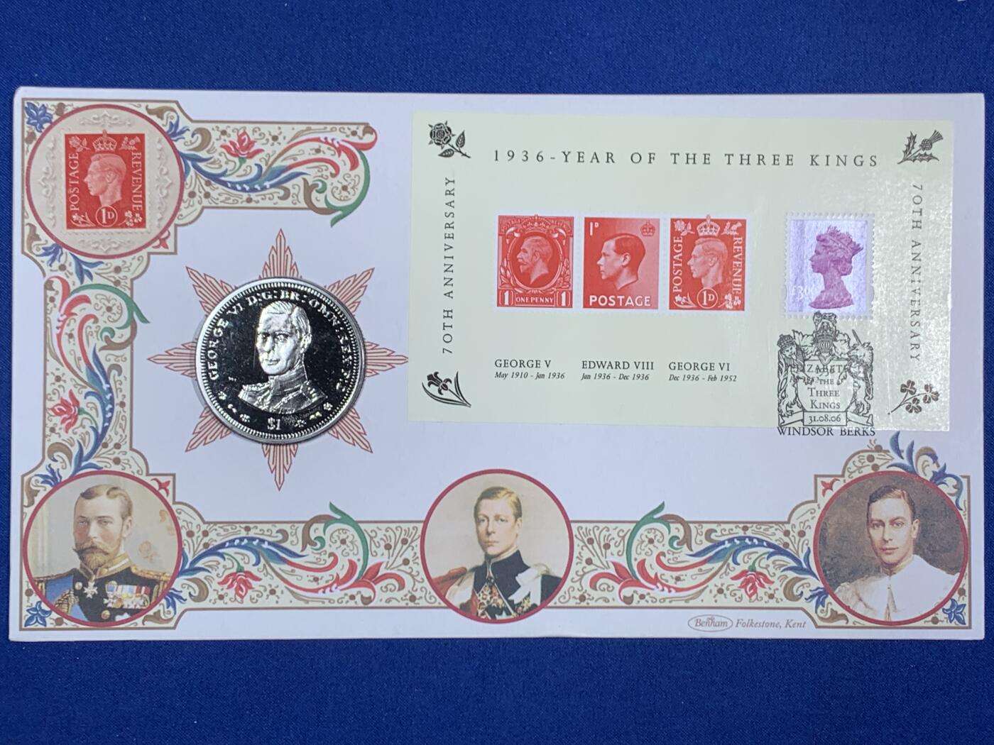 《竞宝斋》第468场 周日，周一 2场连拍 （全场包邮）欢迎送拍 三枚一组 英属维京群岛2006年纪念英国三王之年70周年1元纪念币，邮币封，乔治五世，爱德华八世，乔治六世