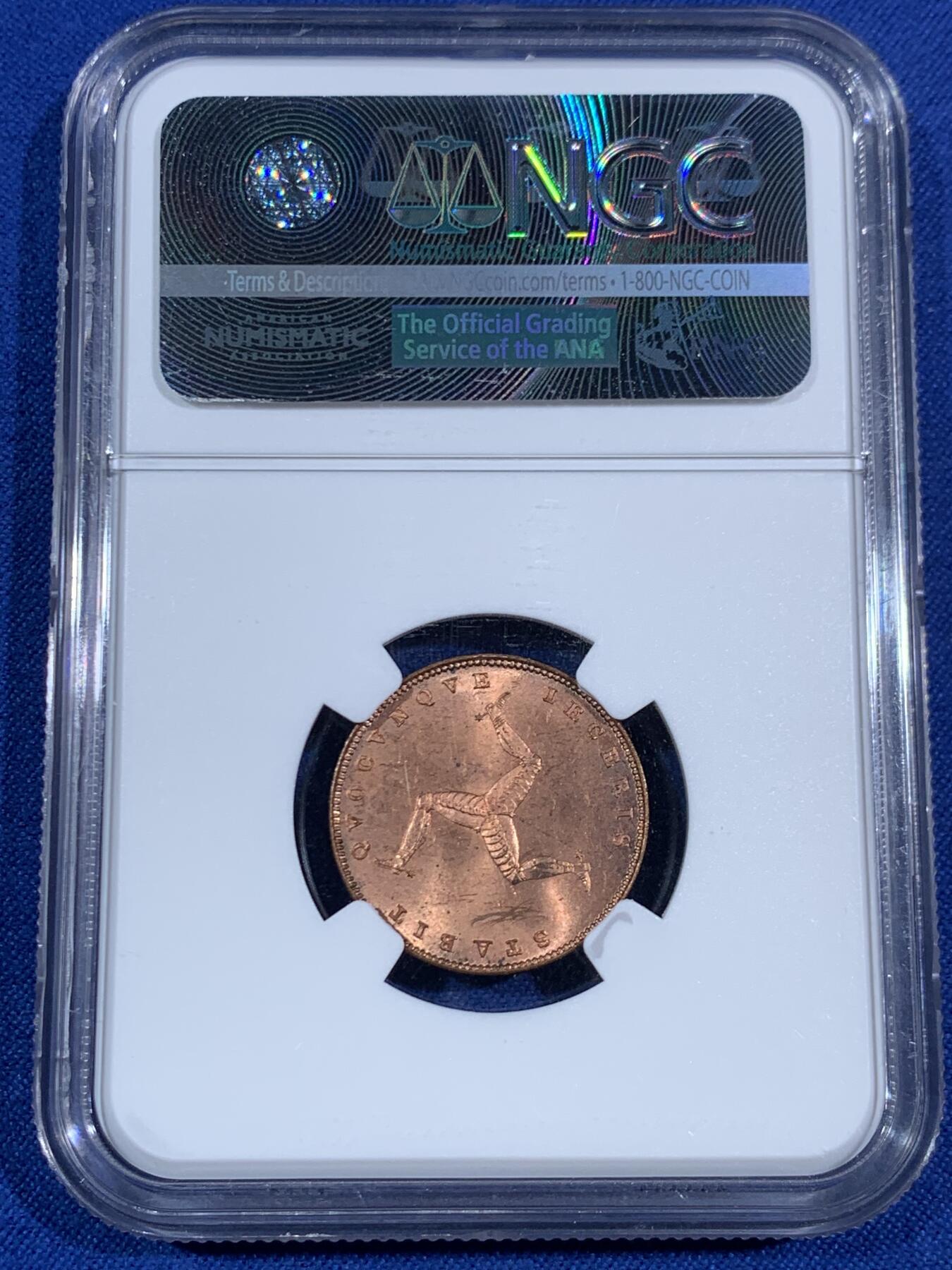 《竞宝斋》第468场 周日，周一 2场连拍 （全场包邮）欢迎送拍 NGC MS63+RD 英属马恩岛1839年小维1/4便士，单年版，近出厂级铜光，保存极佳，历经近200年仍耀眼夺目，实属难得。初版小维头像+三条腿。年初同品种62BN稀奇700元不含佣成交，高分+RD极为难得