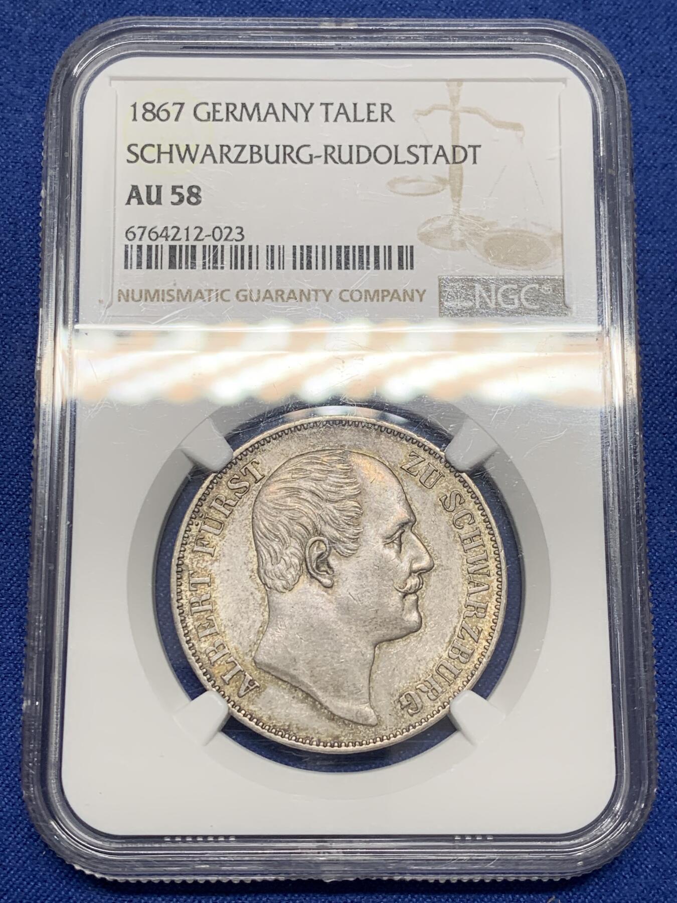 《竞宝斋》第468场 周日，周一 2场连拍 （全场包邮）欢迎送拍 NGC AU58 德国 1867年 施瓦茨堡-鲁多尔施塔特亲王国1泰勒银币 发行量仅13000枚 淡灰包浆 背面标准ms略低评