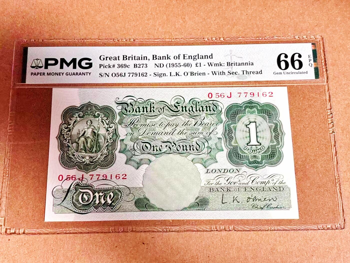 【Blue Auction】世界纸币精拍第792期——18级TOP拍卖/信誉/品质/专业/高效💫 【p369c】英国 1955-60年1镑 PMG66EPQ 