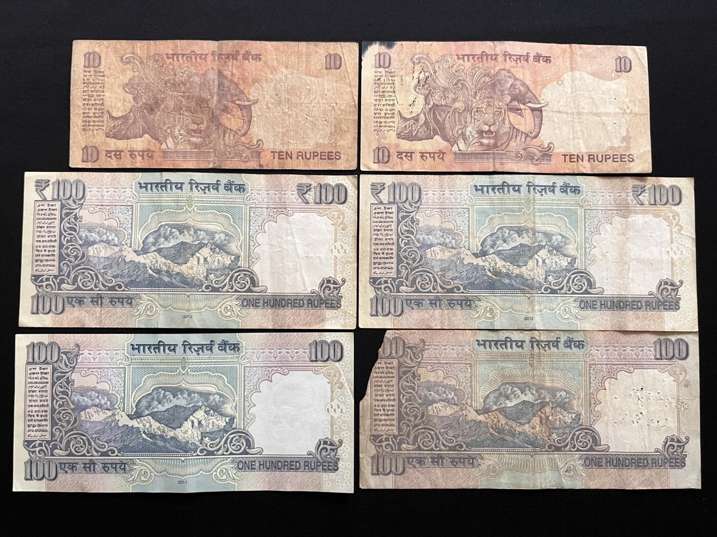 咖啡豆•收藏 2026年Mar_14th世界各国纸币拍卖 6枚 印度 10&100卢比 品如图 外国纸币