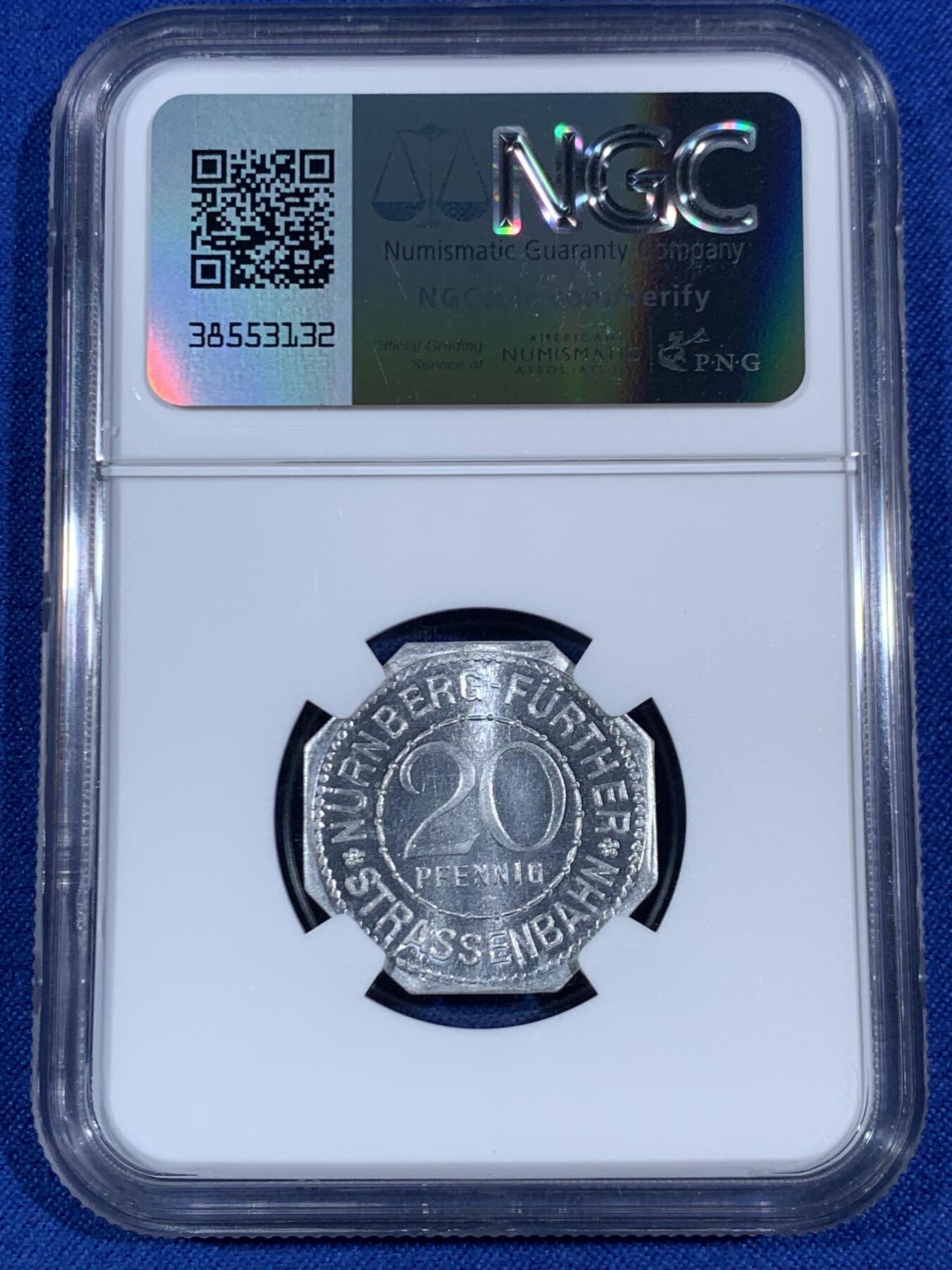 《竞宝斋》第468场 周日，周一 2场连拍 （全场包邮）欢迎送拍 NGC MS64 德国紧急状态时期1920年纽伦堡20芬尼代用币 景观系列