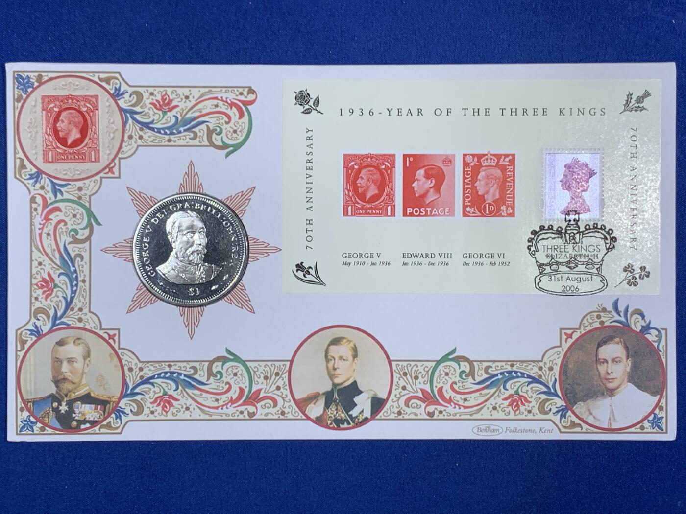 《竞宝斋》第468场 周日，周一 2场连拍 （全场包邮）欢迎送拍 三枚一组 英属维京群岛2006年纪念英国三王之年70周年1元纪念币，邮币封，乔治五世，爱德华八世，乔治六世