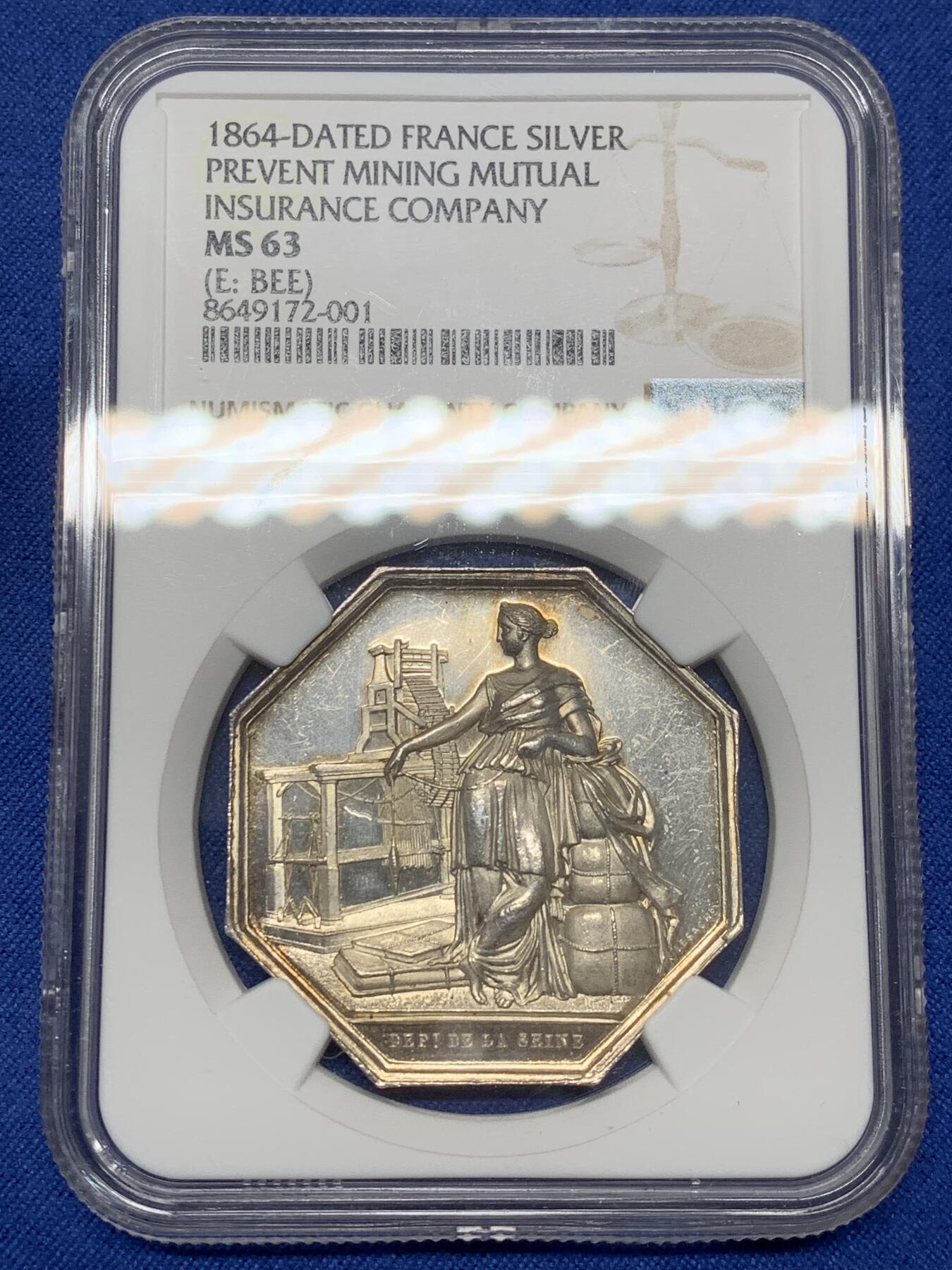 《竞宝斋》第468场 周日，周一 2场连拍 （全场包邮）欢迎送拍 NGC MS63 法国1864年预防性矿业互助保险公司八角银质代币