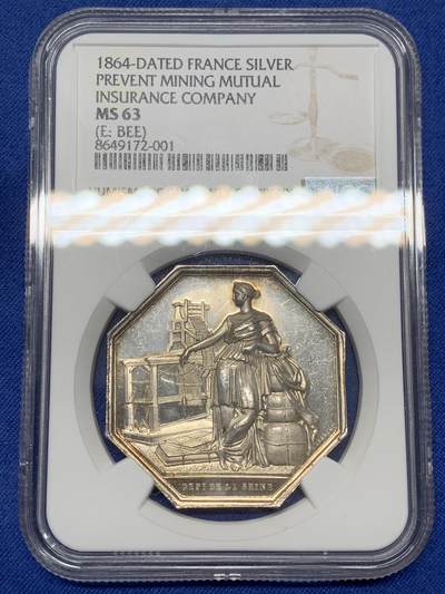 《竞宝斋》第468场 周日，周一 2场连拍 （全场包邮）欢迎送拍 - NGC MS63 法国1864年预防性矿业互助保险公司八角银质代币