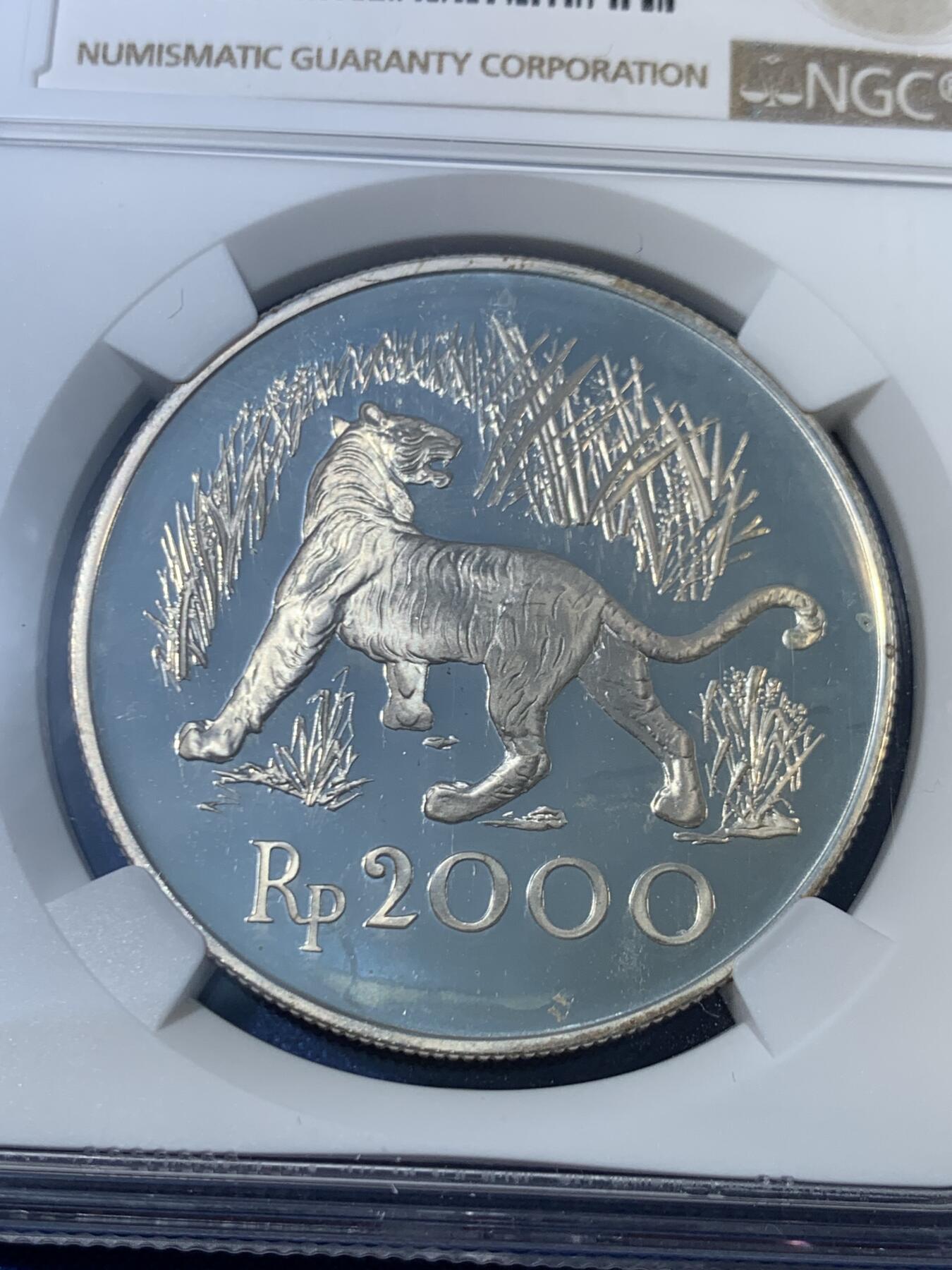 《竞宝斋》第468场 周日，周一 2场连拍 （全场包邮）欢迎送拍 两枚一组 NGC PF66-67UC 印度尼西亚1974年野生珍稀动物PROOF银币 爪哇虎+红毛猩猩 精致漂亮