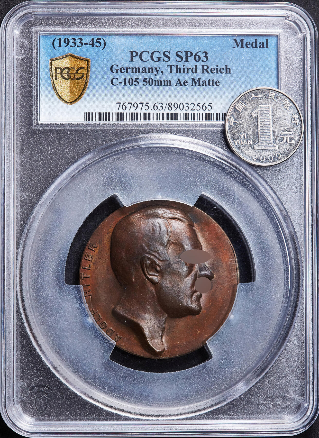 【俄甄集藏】2026年(049)03-18星期三 晚 19:30 全场包邮 德国第三帝国1933-1945年纪念总理单面铜质样章，PCGS SP63，高浮雕，巧克力包浆，稀少品种，唯一亚军分，直径：50mm，原图联系客服或官网查询