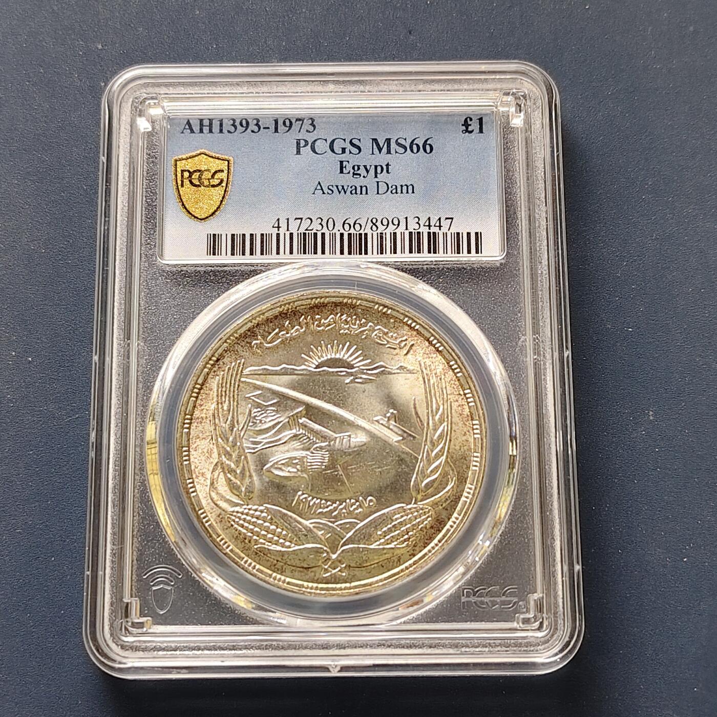 【全场包邮】纯粹捡漏拍511场 【收藏级·亚军分】埃及1973年1镑FAO大坝纪念银币【40毫米25克72%】-PCGS MS66（更高分10枚）