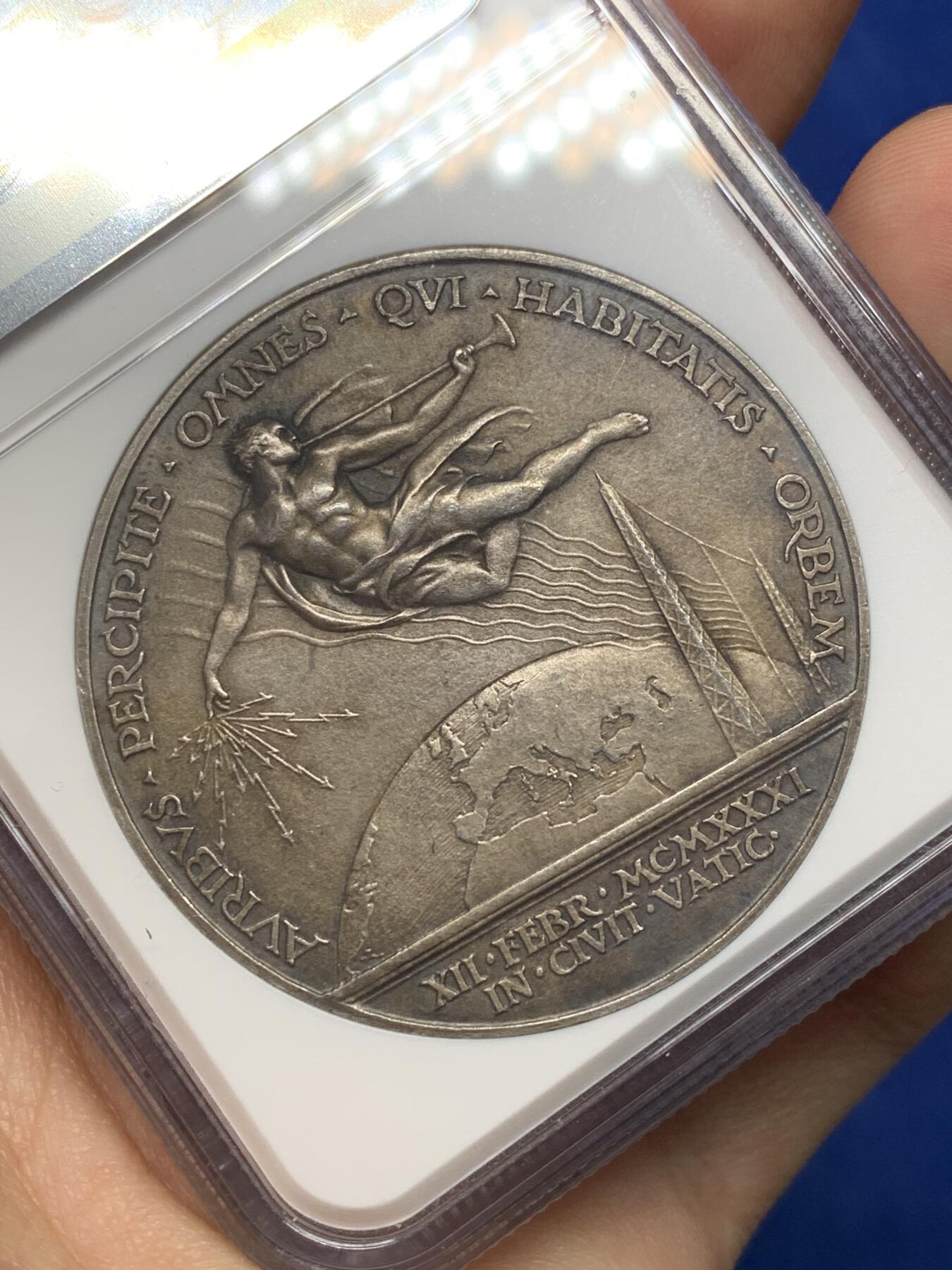 《竞宝斋》第468场 周日，周一 2场连拍 （全场包邮）欢迎送拍 NGC MS63 教皇国1931年庇护十一世纪念银章 加厚盒