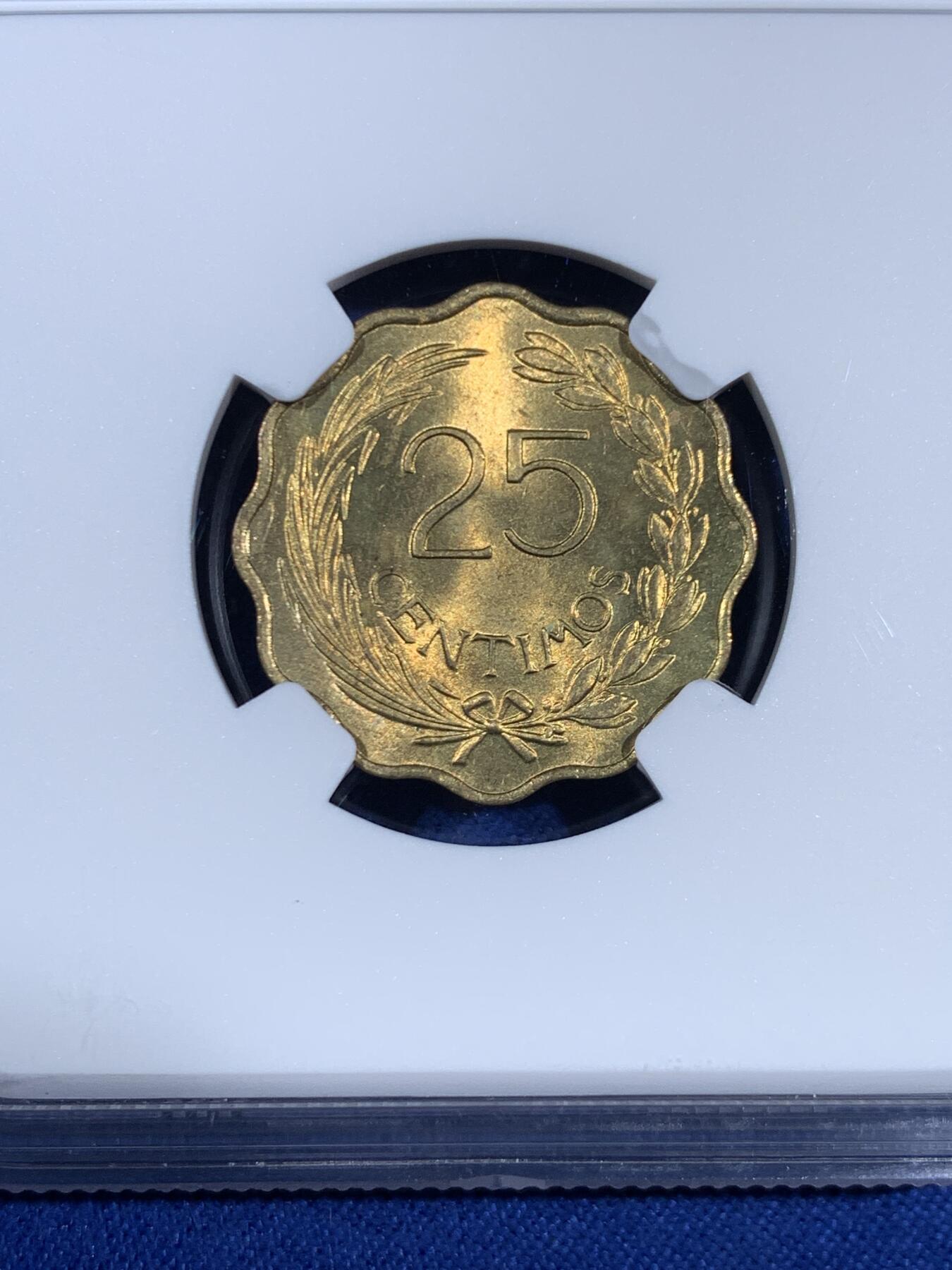 《竞宝斋》第468场 周日，周一 2场连拍 （全场包邮）欢迎送拍 NGC MS64 巴拉圭1953年25分 少见品种