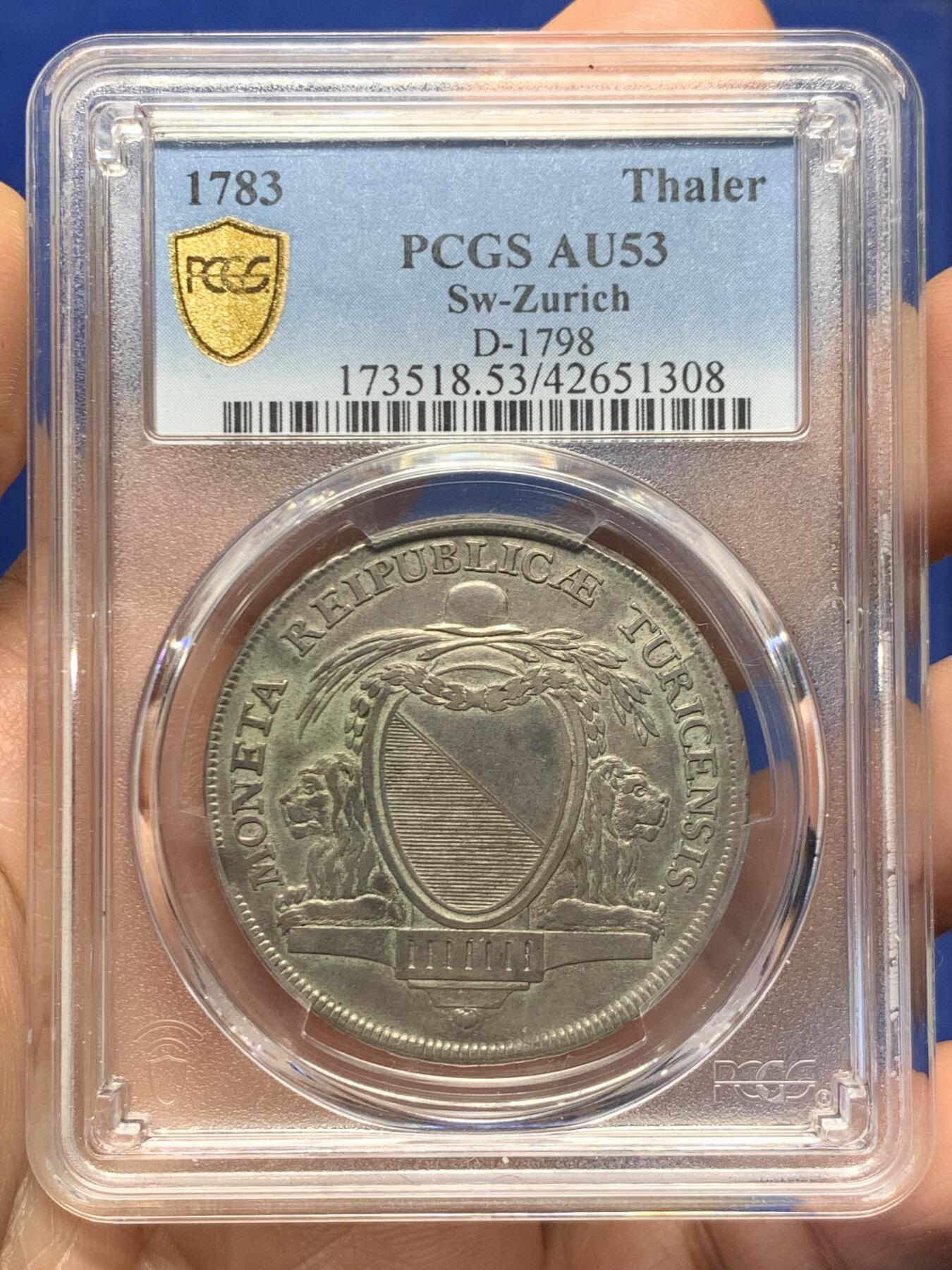 《竞宝斋》第468场 周日，周一 2场连拍 （全场包邮）欢迎送拍 PCGS AU53 瑞士 1783年 苏黎世1泰勒银币 少见品种 克书XF40标价625刀 更高分仅3枚