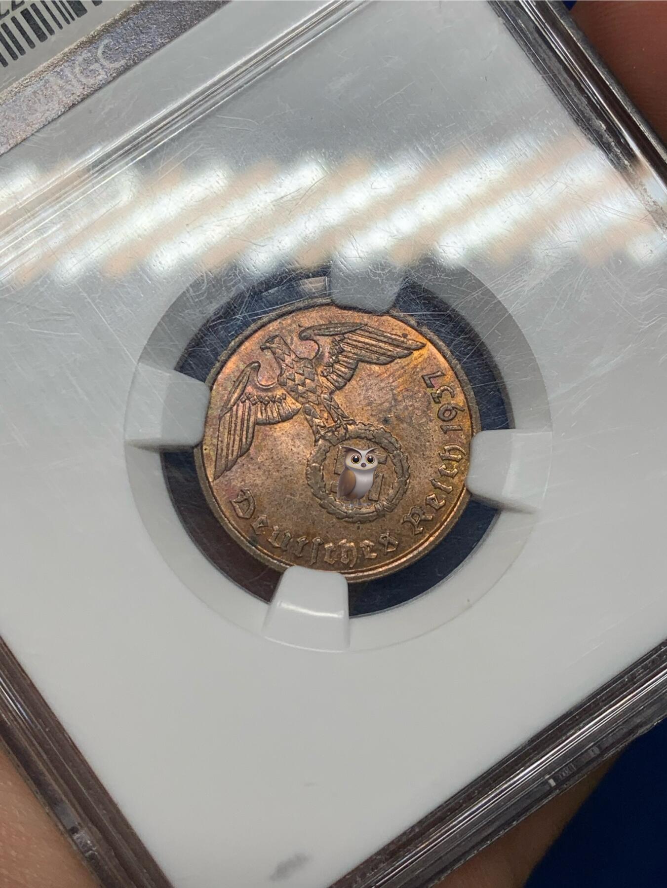 《竞宝斋》第468场 周日，周一 2场连拍 （全场包邮）欢迎送拍 NGC MS64RB 德国2芬尼铜币，1937年版。难得带原铜光，老盒严评，可入藏级状态。