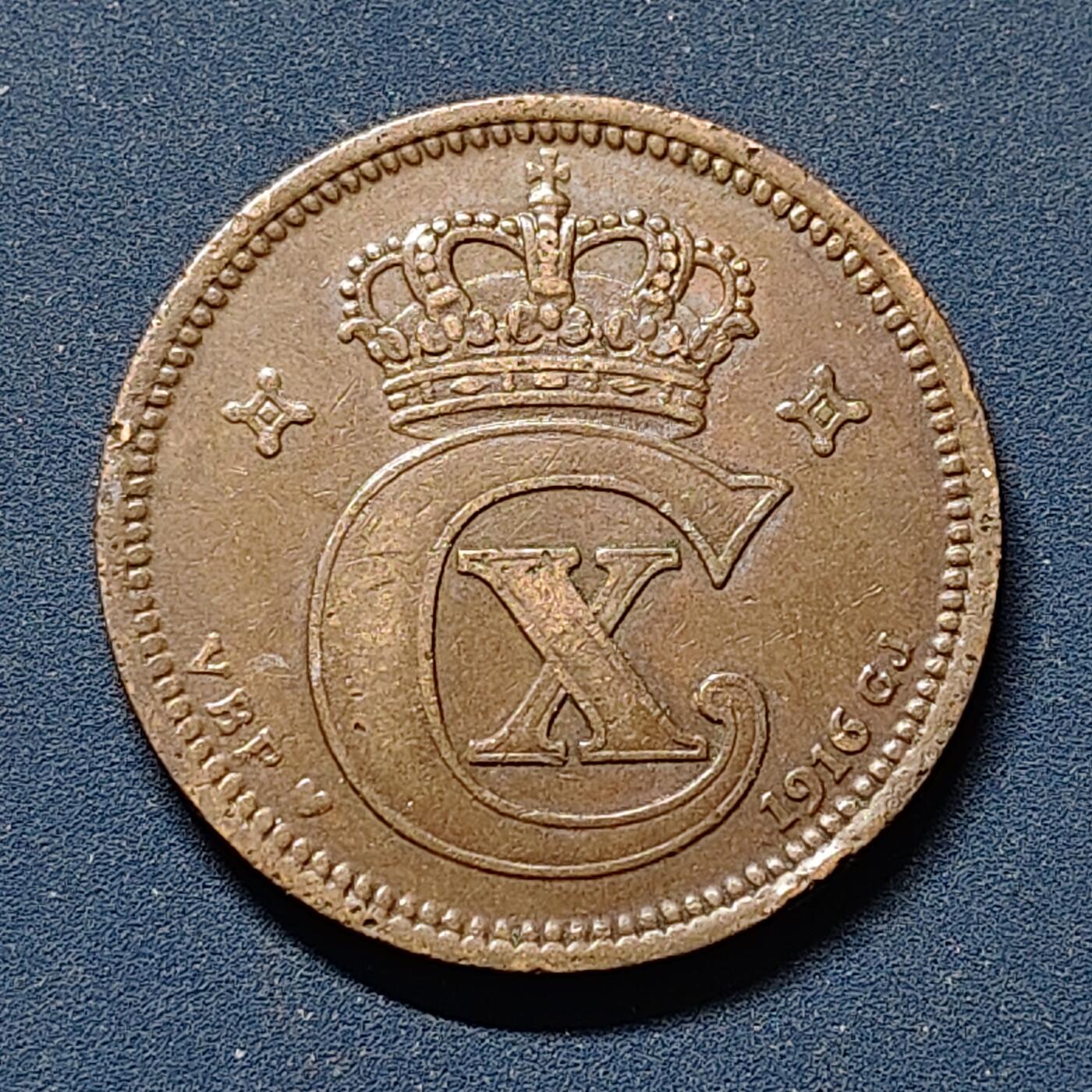 【全场包邮】纯粹捡漏拍510场 丹麦1916年克里斯蒂安十世5欧尔铜币