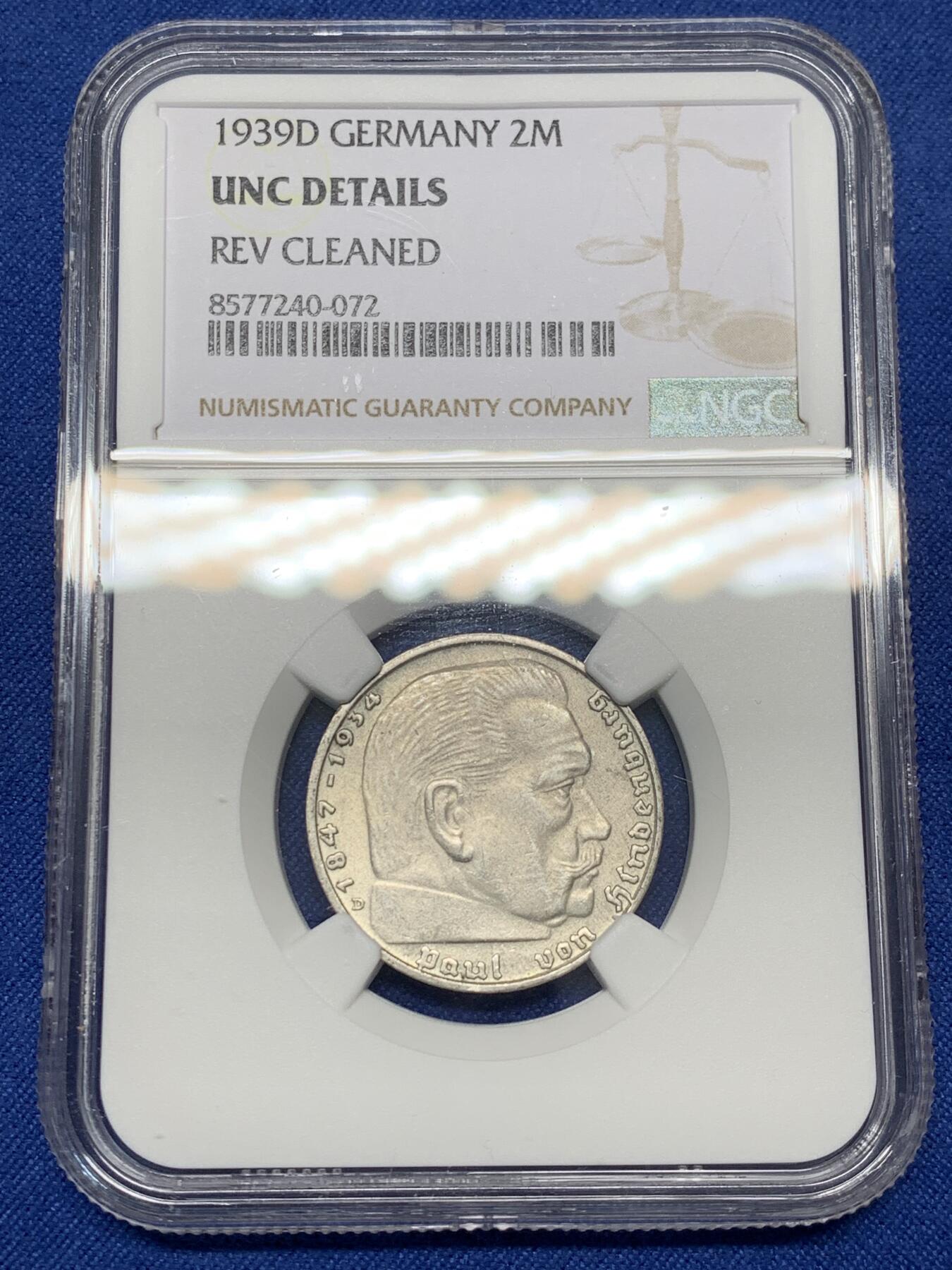 《竞宝斋》第468场 周日，周一 2场连拍 （全场包邮）欢迎送拍 NGC UNCD 德国兴登堡1939年带风车2马克银币 状态不错