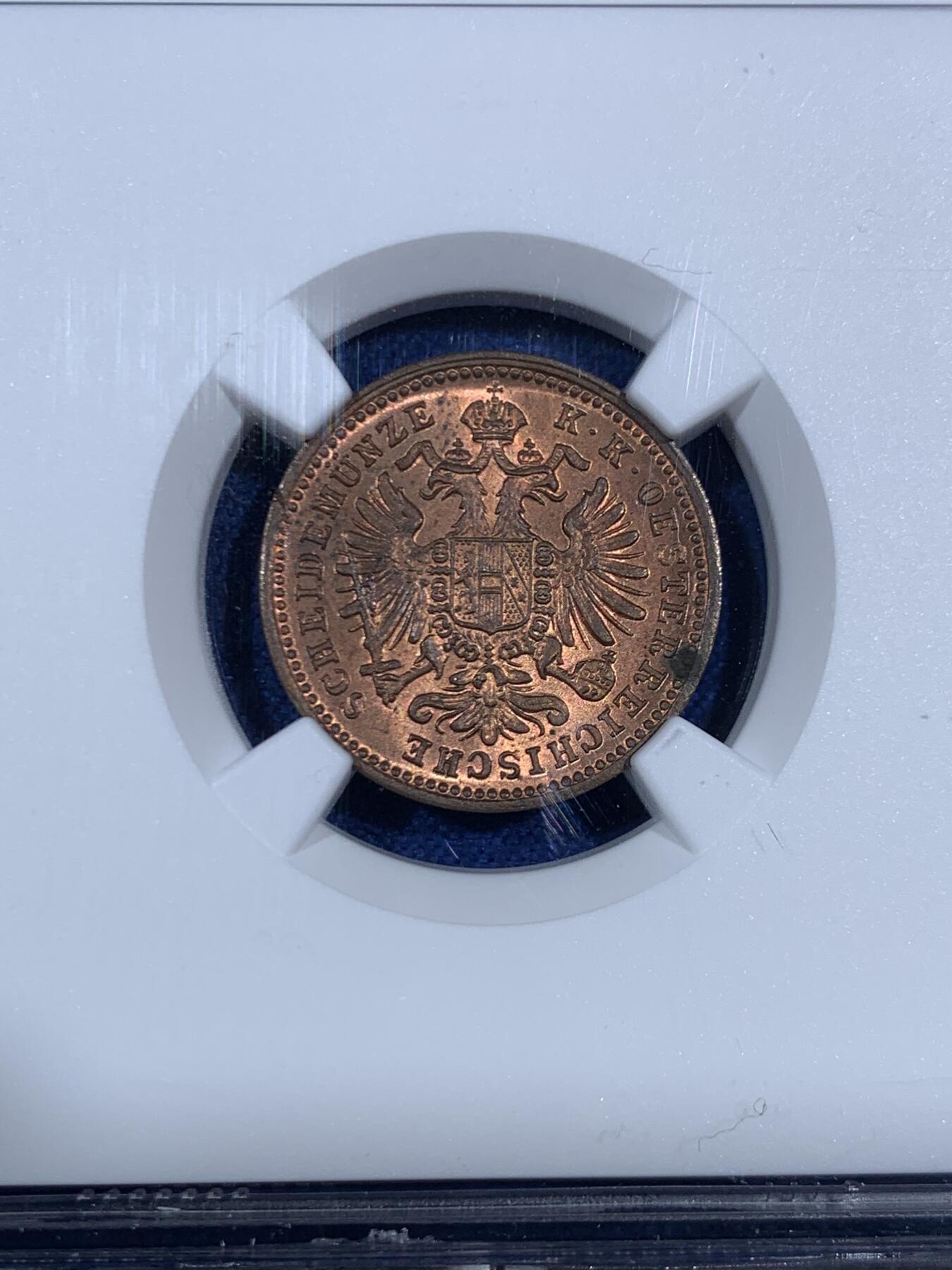 《竞宝斋》第468场 周日，周一 2场连拍 （全场包邮）欢迎送拍 NGC MS63RB 奥地利1885年1克鲁泽铜币