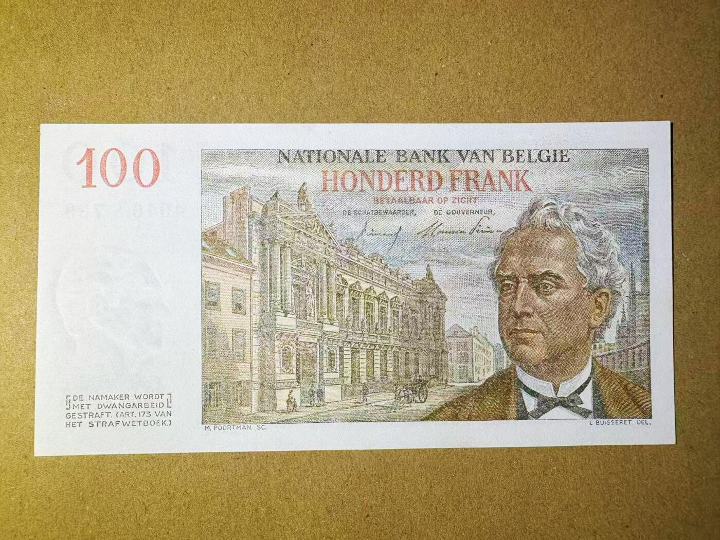 【Blue Auction】世界纸币精拍第792期——18级TOP拍卖/信誉/品质/专业/高效💫 比利时 1954年100法郎 法属风 AU+品相